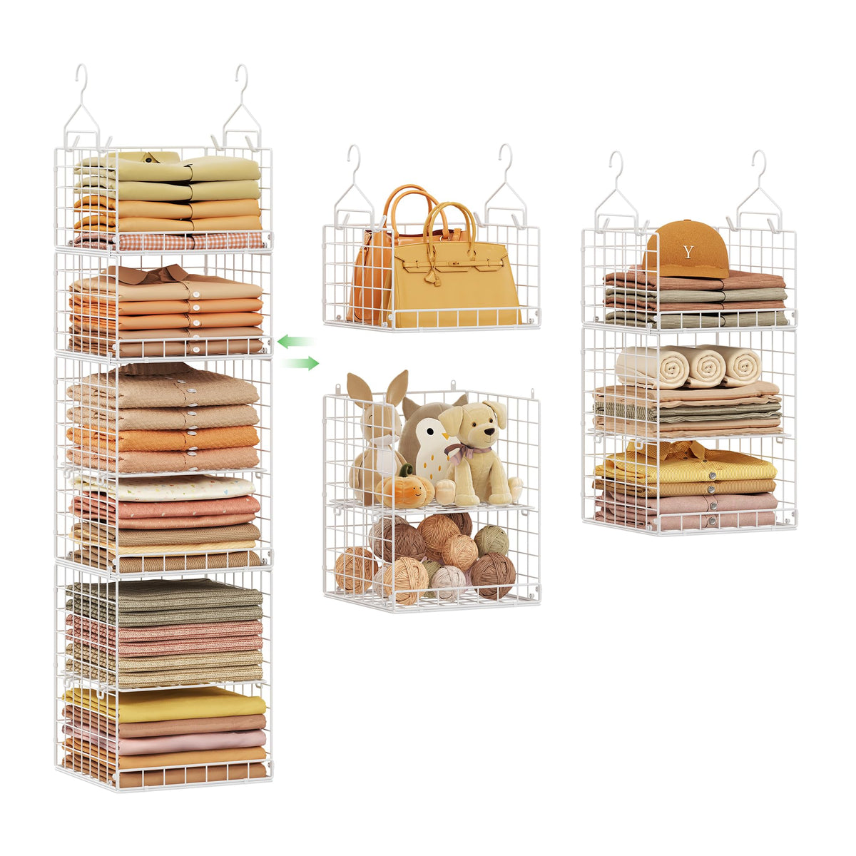 Yuyetuyo 5 Tier Closet Hanging Organizer and Storage Separable Hanging Closet Shelves with 4 Hooks 2 Adjustable Dividers, Wire Storage Basket Bins for Clothing Sweaters Socks Dolls Handbags, Foldable