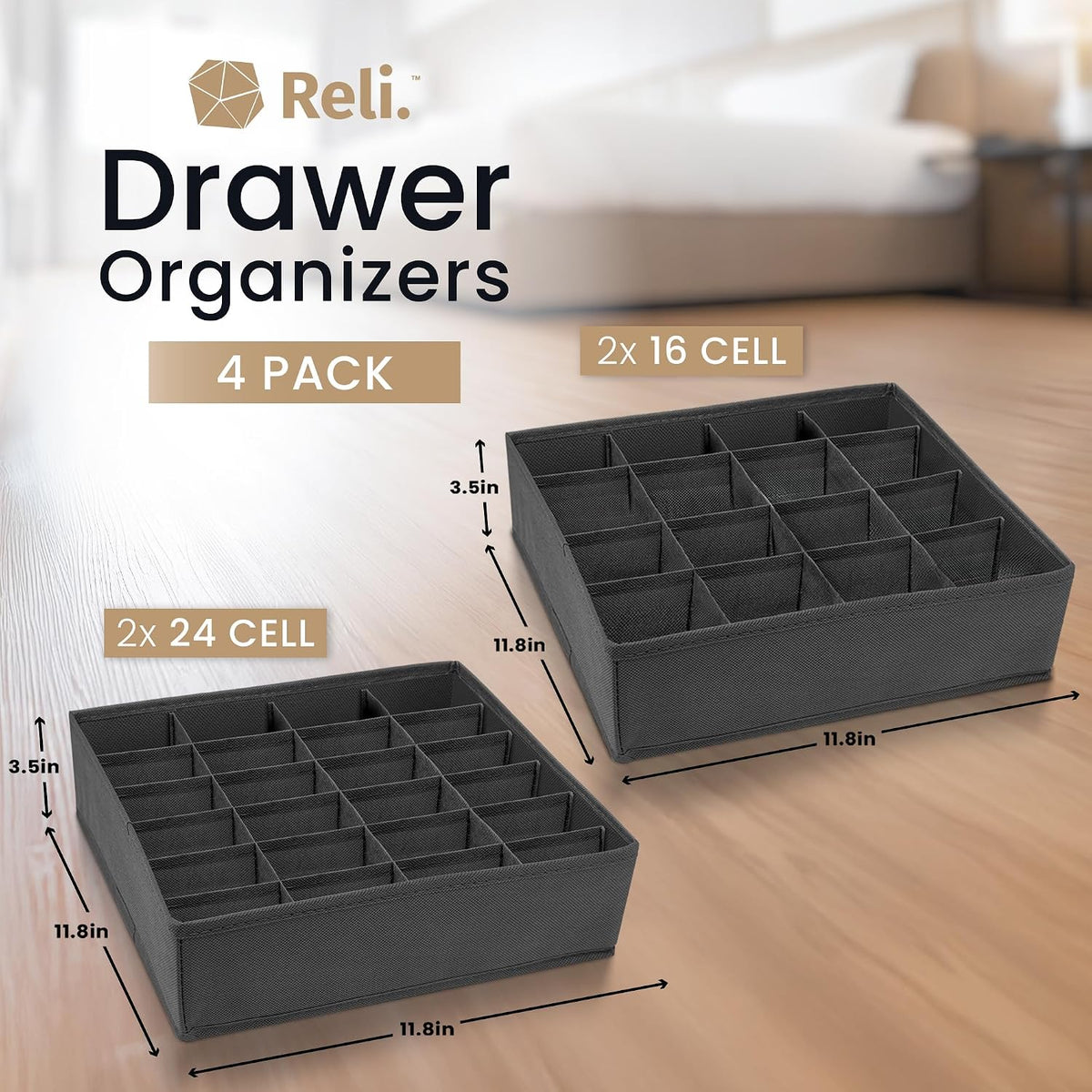 Reli. Sock Organizer (4 Pack) | 16+24 Cell Underwear Organizer | Gray