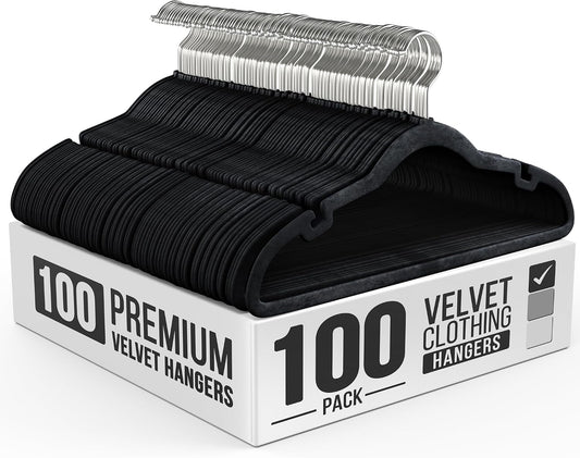 Our Modern Space 100 Pack Velvet Hanger for Shirt Pants Dresses Skirts Suits Jackets - Slim Space Saving Design - Standard Coat Hanger - Sturdy & Durable Design with Shoulder Grooves Hook