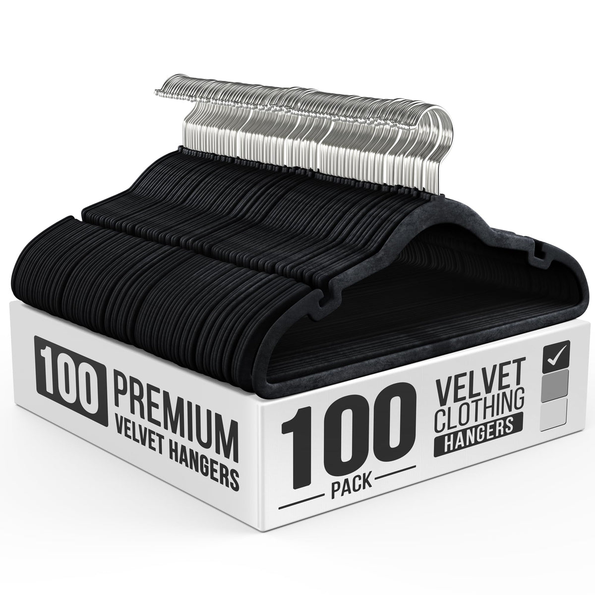 Our Modern Space 100 Pack Velvet Hanger for Shirt Pants Dresses Skirts Suits Jackets - Slim Space Saving Design - Standard Coat Hanger - Sturdy & Durable Design with Shoulder Grooves Hook