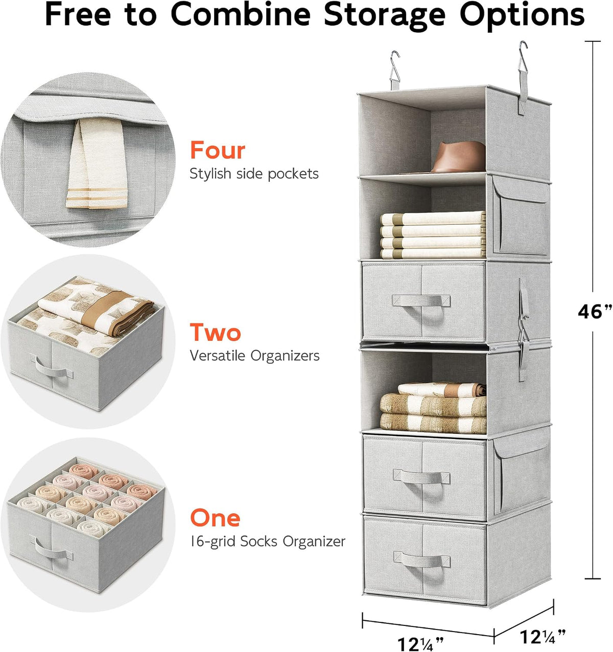6-Shelf Hanging Closet Organizer with 3 Drawers, Separable, Silver Gray