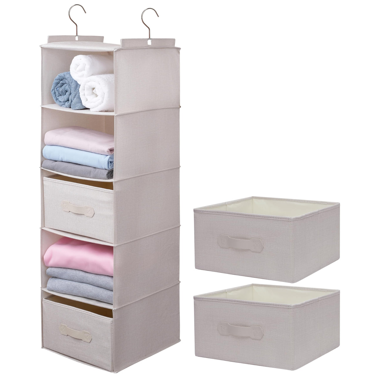 Large Hanging Sweater Organizer for Closet,Collapsible 6-Shelf Hanging Closet Shelves with Drawers, Washable (Grey-6 Shelf)