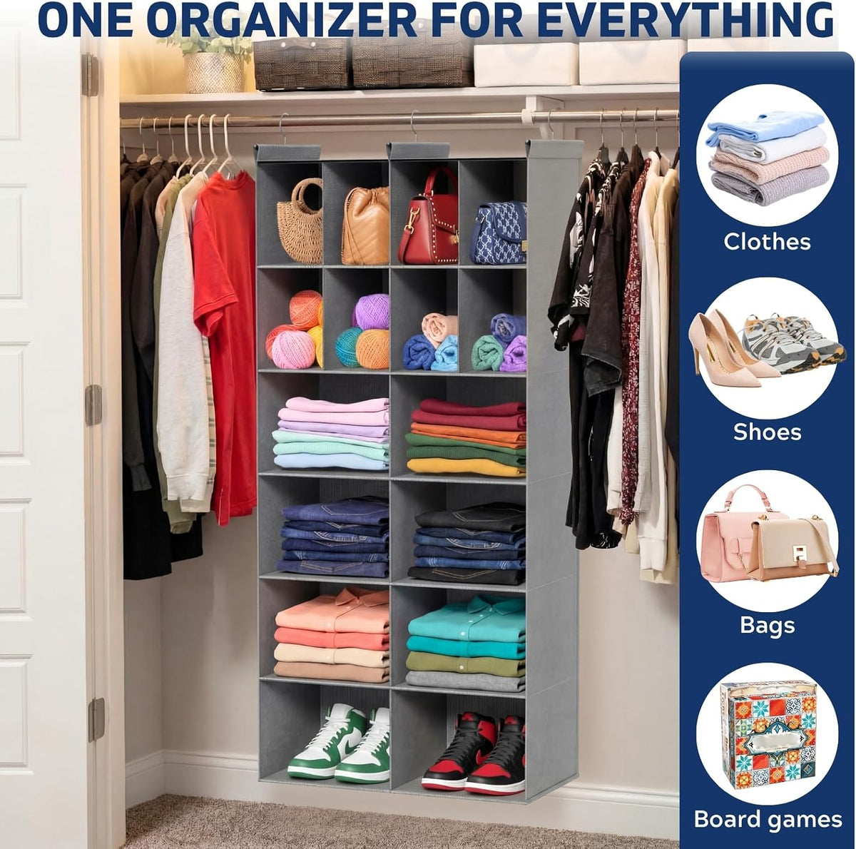 6 Tier Hanging Closet Organizer, 16 Compartments Dual Row Storage, Grey