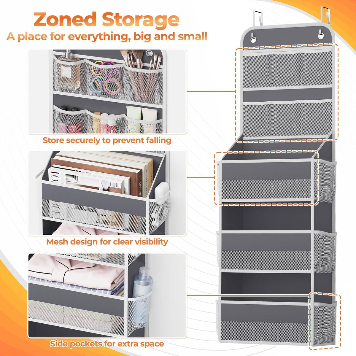 SpaceHacks 5-Tier Over the Door Organizer with Mesh Pockets, Dark Grey