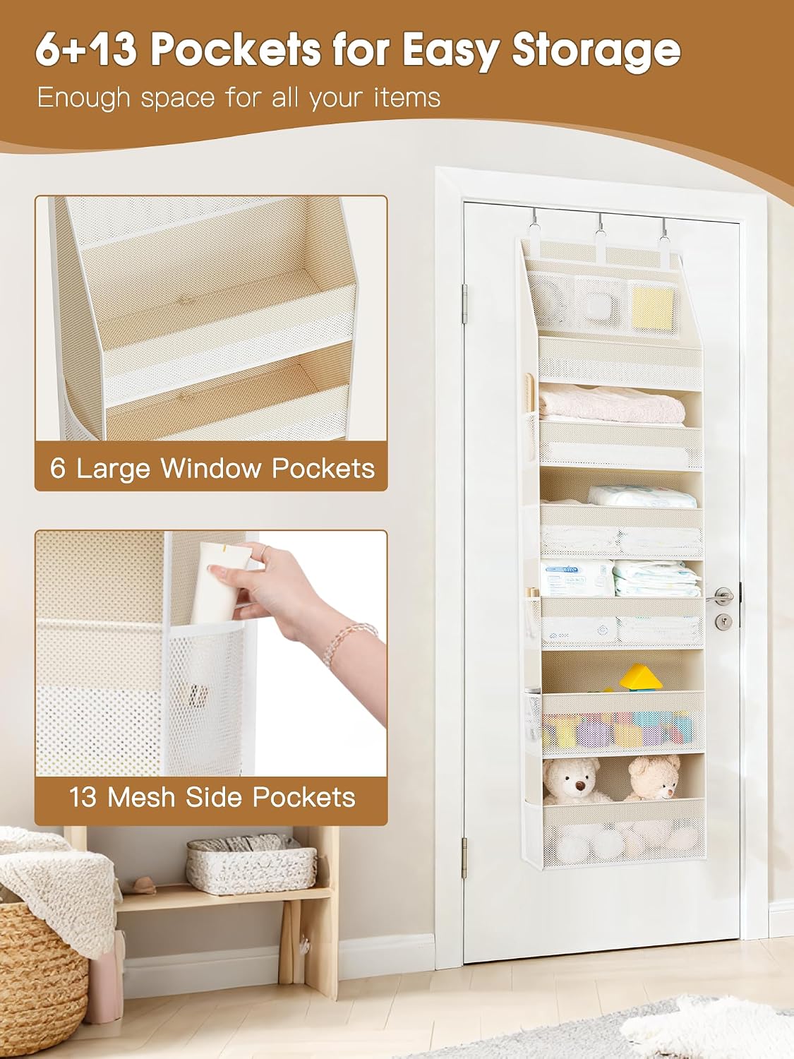 Criusia Over the Door Organizer, 6-Shelf Closet Hanging Storage with 13 Mesh Pockets, 55lbs Capacity Behind the Door Storage for Baby Nursery, Bathroom, Bedroom, and Dorm, Beige