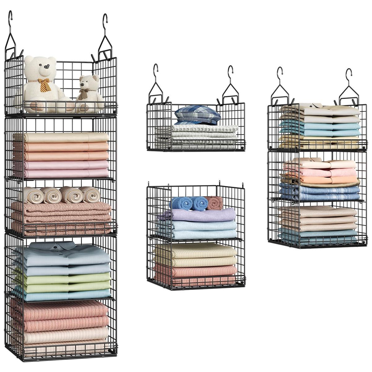Yuyetuyo 5 Tier Closet Hanging Organizer and Storage Separable Hanging Closet Shelves with 4 Hooks 2 Adjustable Dividers, Wire Storage Basket Bins for Clothing Sweaters Socks Dolls Handbags, Foldable