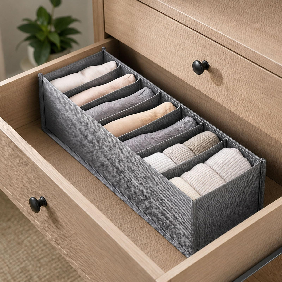 Foldable Sock Organizer, 24-Cell Drawer Divider & Closet Storage Box with Zipper, Strong Fabric for Underwear, Bras, Accessories, Wardrobe & Travel (Grey)