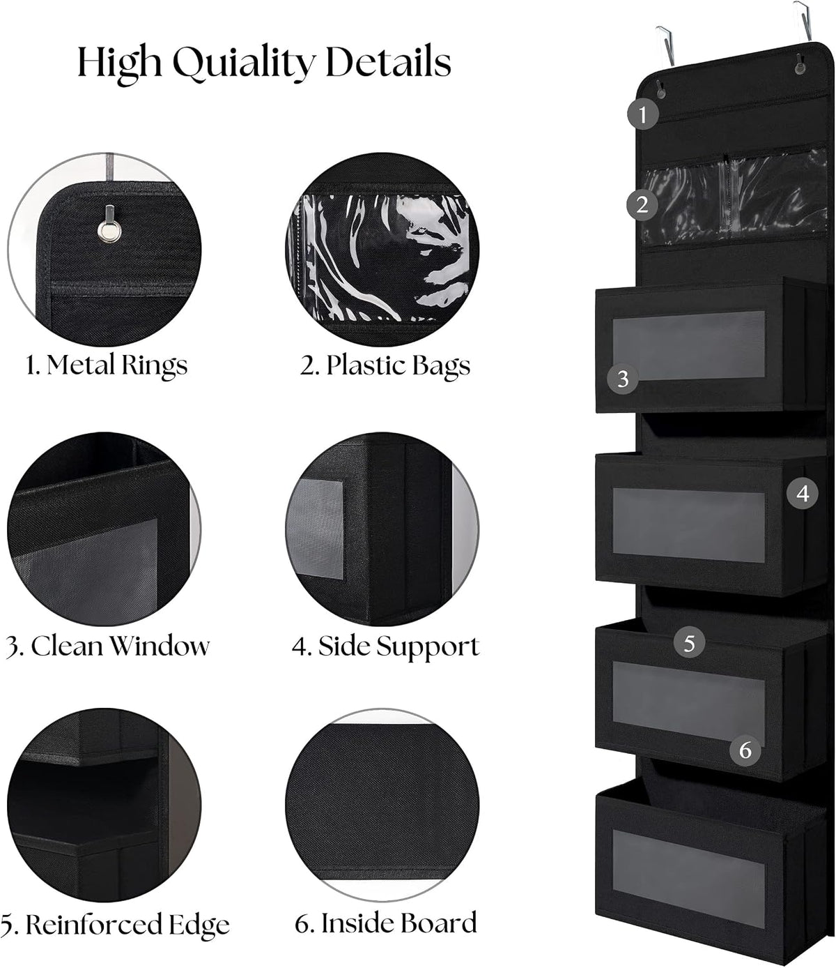 Giraffe Creation Black Over Door Organizer with 4 Large Clear Pockets, Hanging Door Storage for Closet, Bathroom, Bedroom, Dorm, Nursery, Toys, Toiletries, Cosmetics