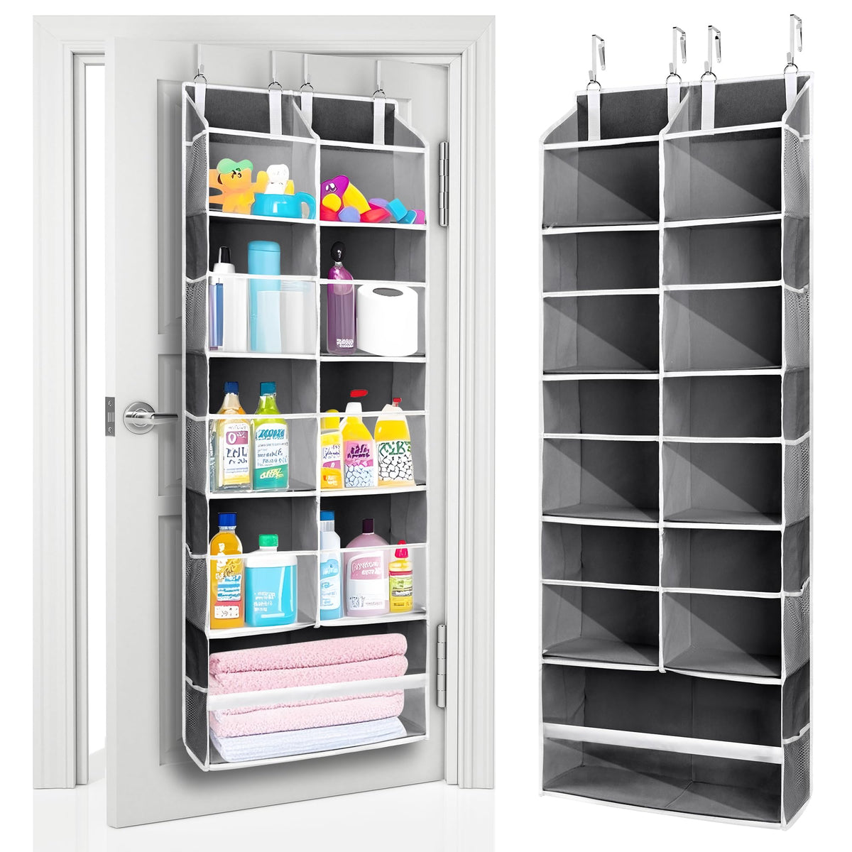 ULG 1 Pack Over Door Organizer with 5 Large and 10 Mesh Side Pockets, 44 lbs Weight Capacity Hanging Storage with Clear Window Kids Toys, Shoes, Diapers, Dark Grey, 5 Layers