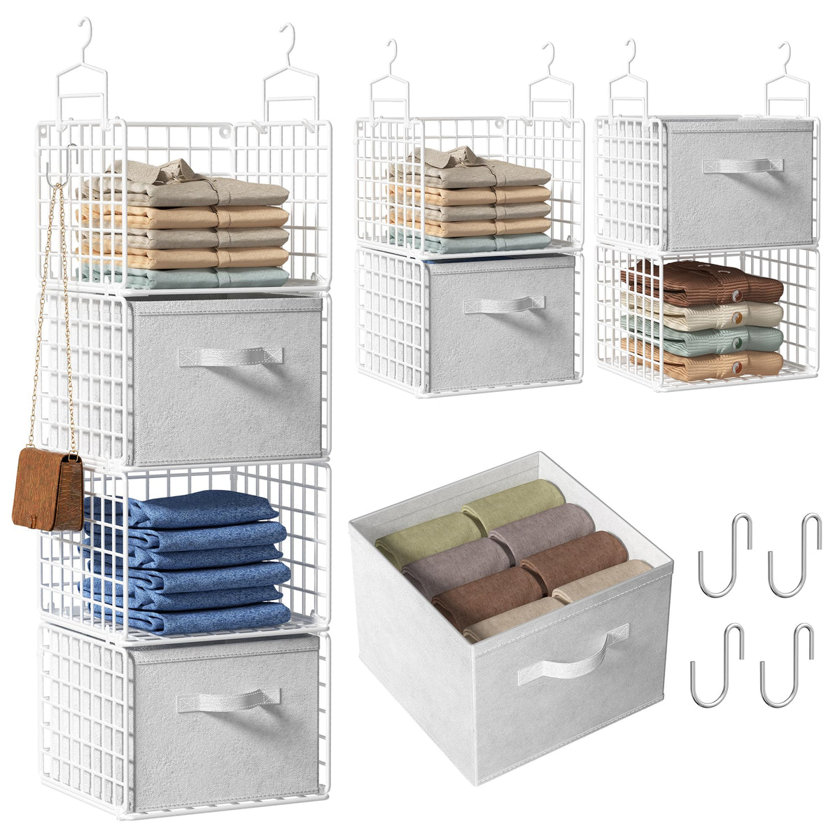 Hanging Closet Organizer, 4 Tier Metal Closet Organizers and Storage with 4 Hanging Hooks 4 S-Hooks for Wardrobe Laundry Room, Wire Storage Shelf for Clothes Sweaters Pants (White)