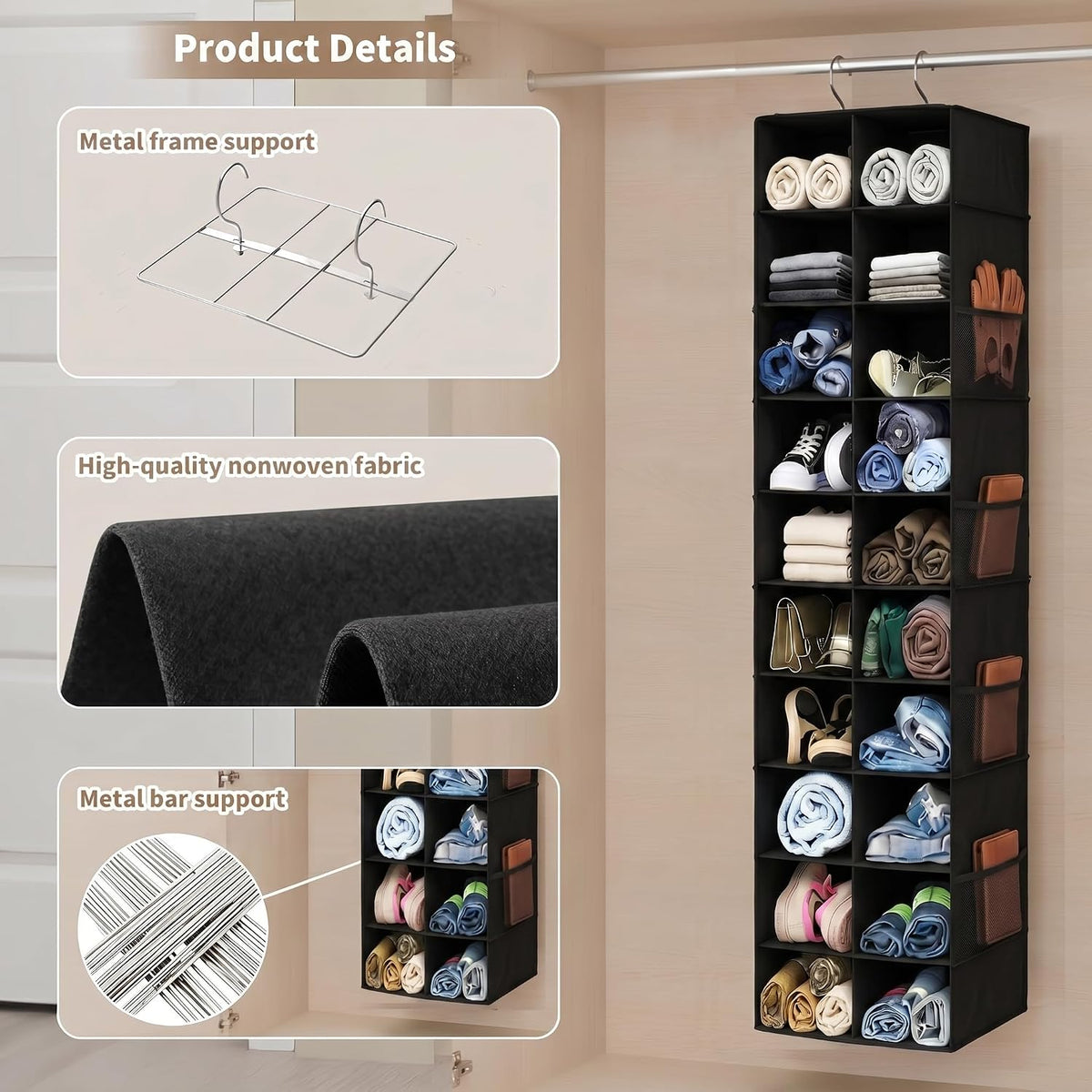 Hanging Shoe Organizer for Closet - 20 Extended Sections Closet Shoe Storage Rack with 8 Side Mesh Pockets, Foldable Shelves Holder for Clothes Shoes Shirts Jeans Hats