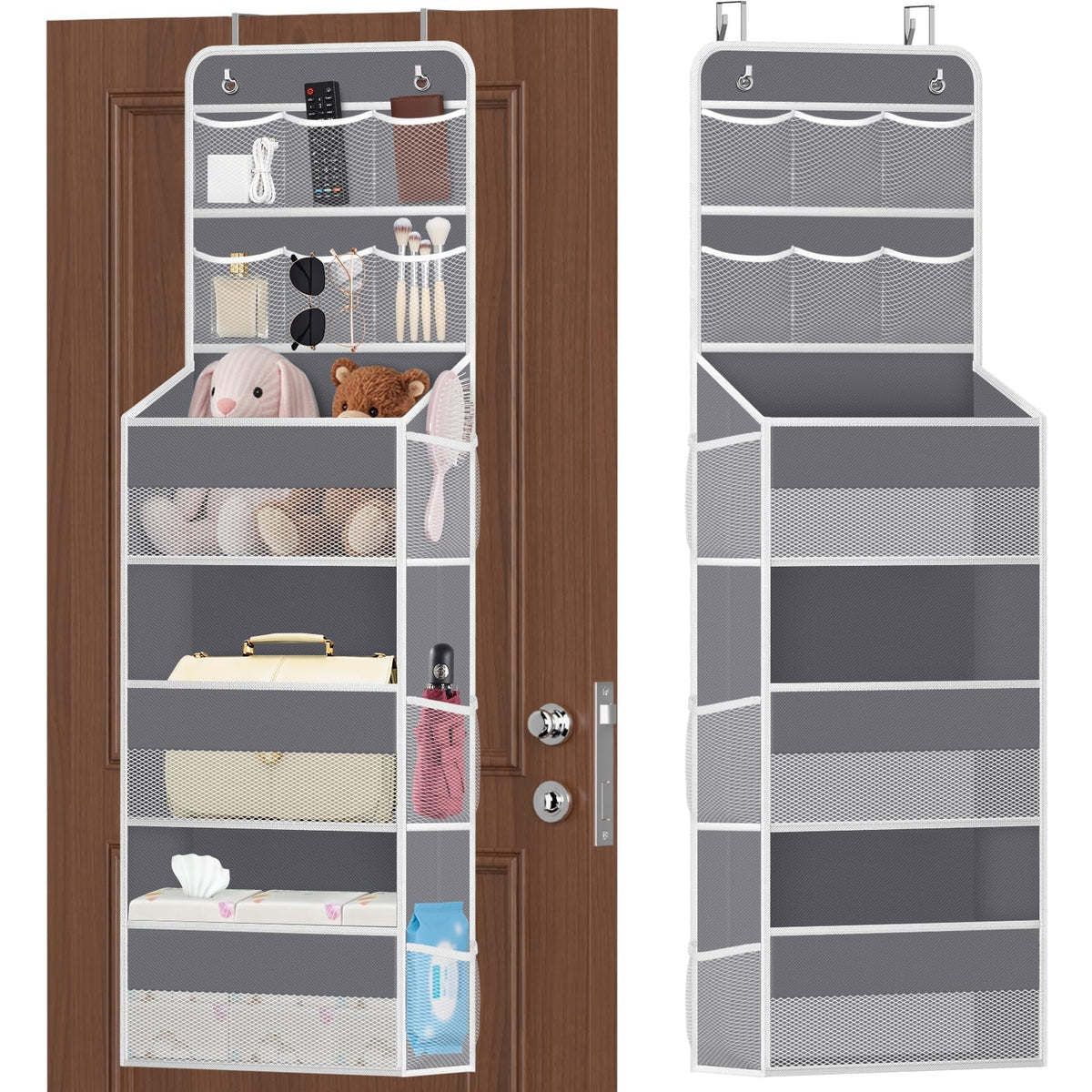 SpaceHacks 5-Tier Over the Door Organizer with Mesh Pockets, Dark Grey