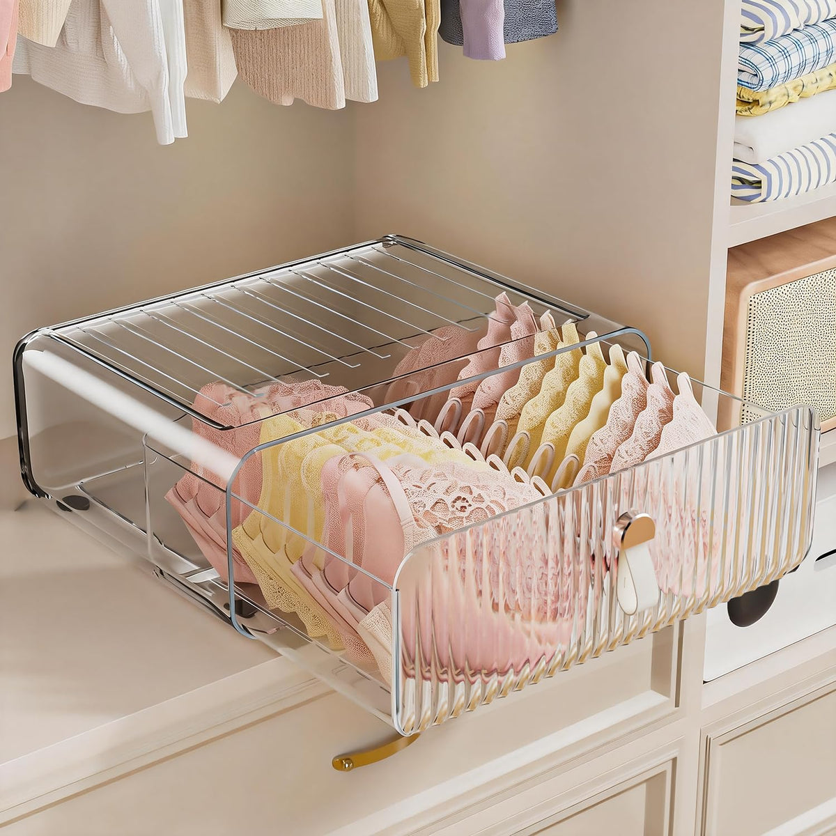 Sock Underwear Drawer Organizer - 24 Compartment Clear Acrylic Storage Bins with Removable Dividers for Closet, Stackable Dresser Drawer Box for No-Mess Socks, Tiers, Baby Clothes, Belt, Tea Bag