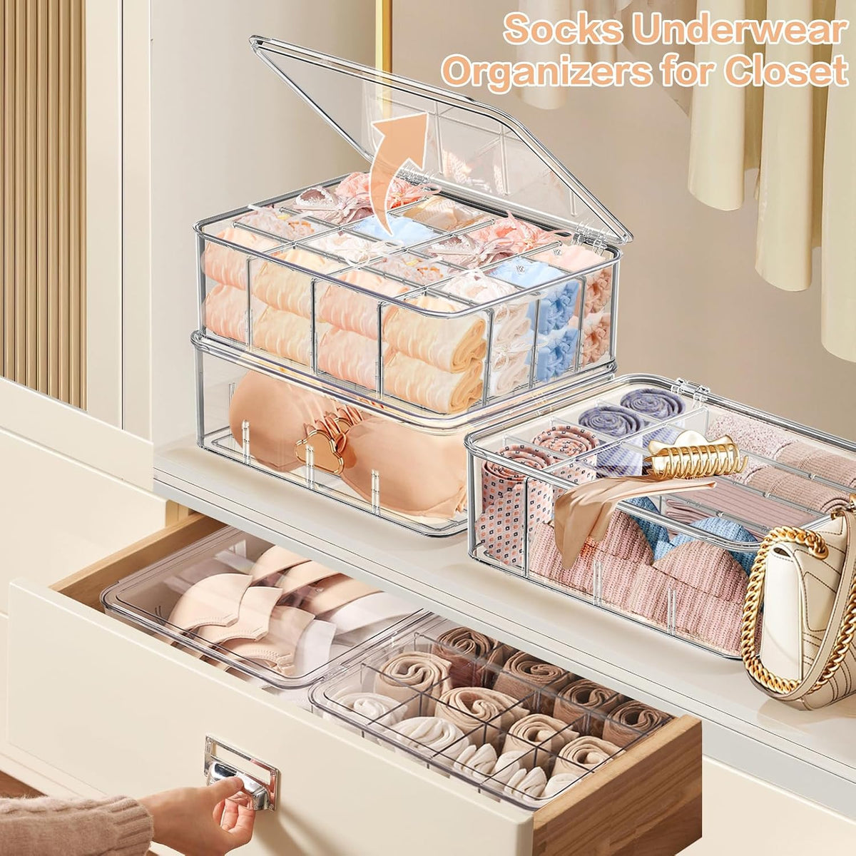 2pcs Sock Underwear Organizer, Sunoyar 16 Compartment Adjustable Dividers Tie Bras Socks Underwear Drawer Organizers for Closet, Clear Plastic Storage Containers Box with Lids for Ties Bra Scarf Socks