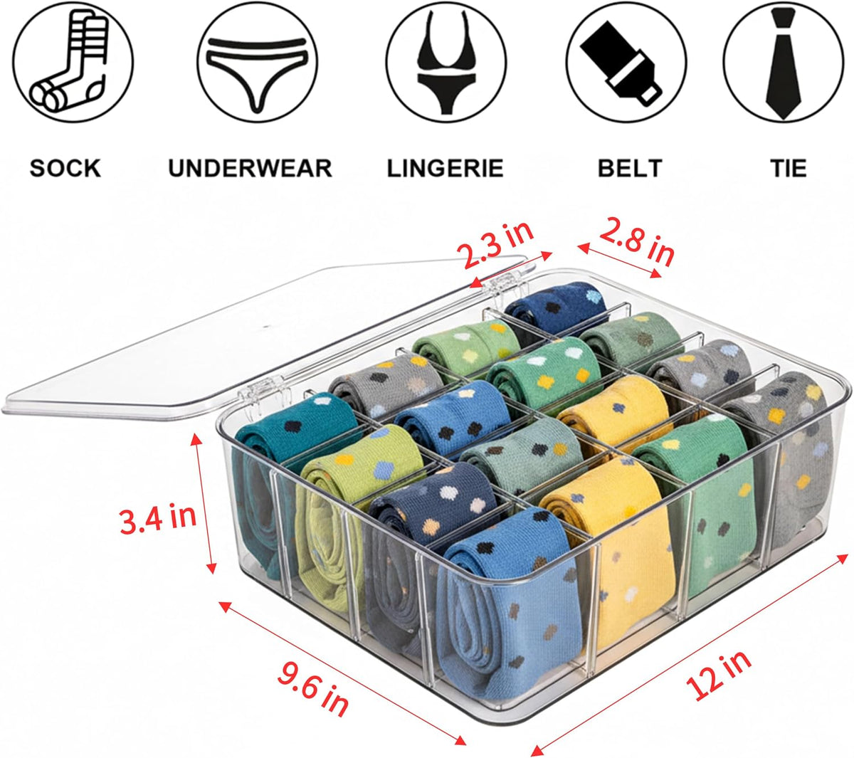 Adjustable Sock Underwear Drawer Organizer Dividers, 16 Grid Clear Tea Bag Holder with Lid, Removable Divided Tie Organizer Box, Plastic Storage Bin for Scarves Bras
