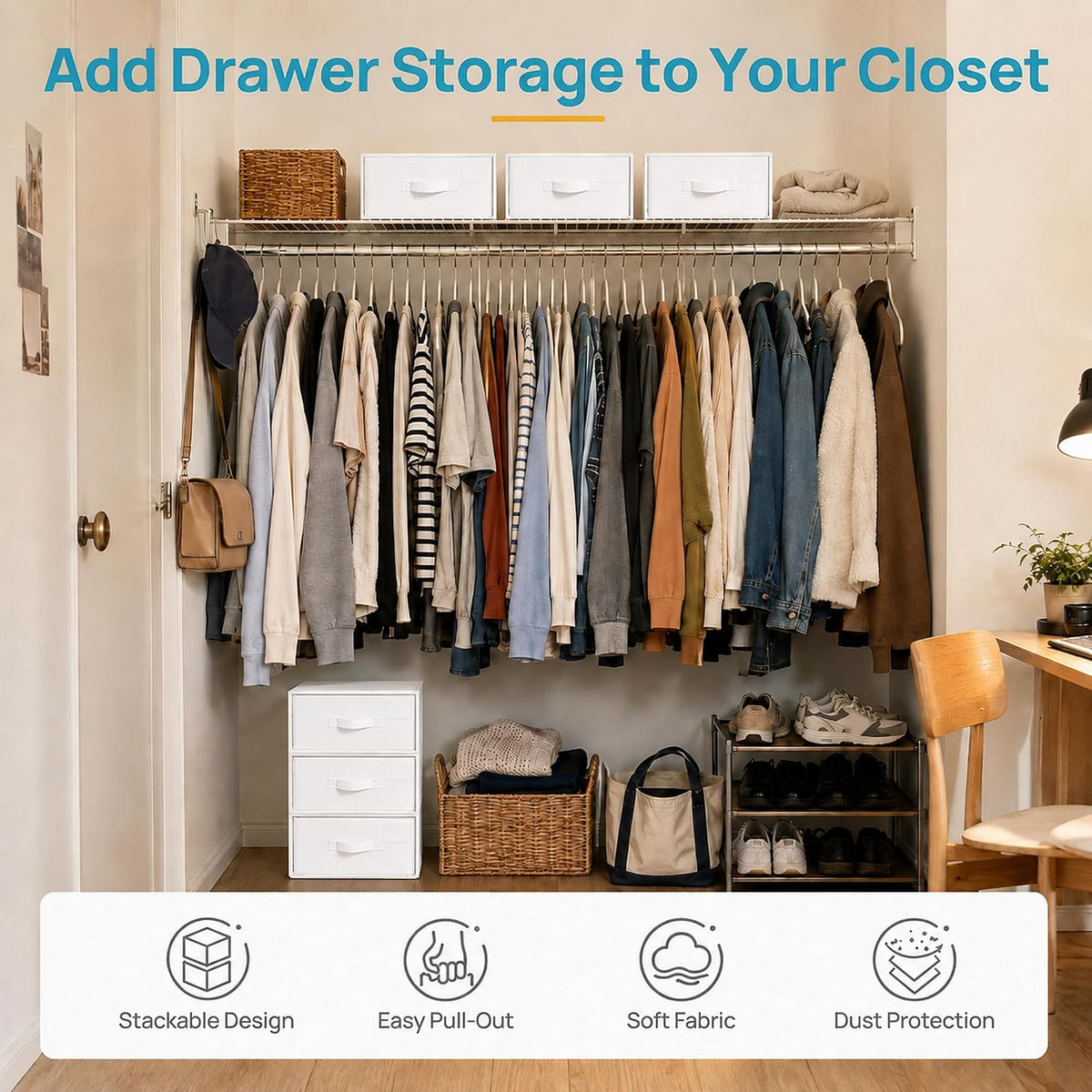 Vtopmart 2 Pack Closet Drawer Organizer, Stackable Fabric Drawers, White