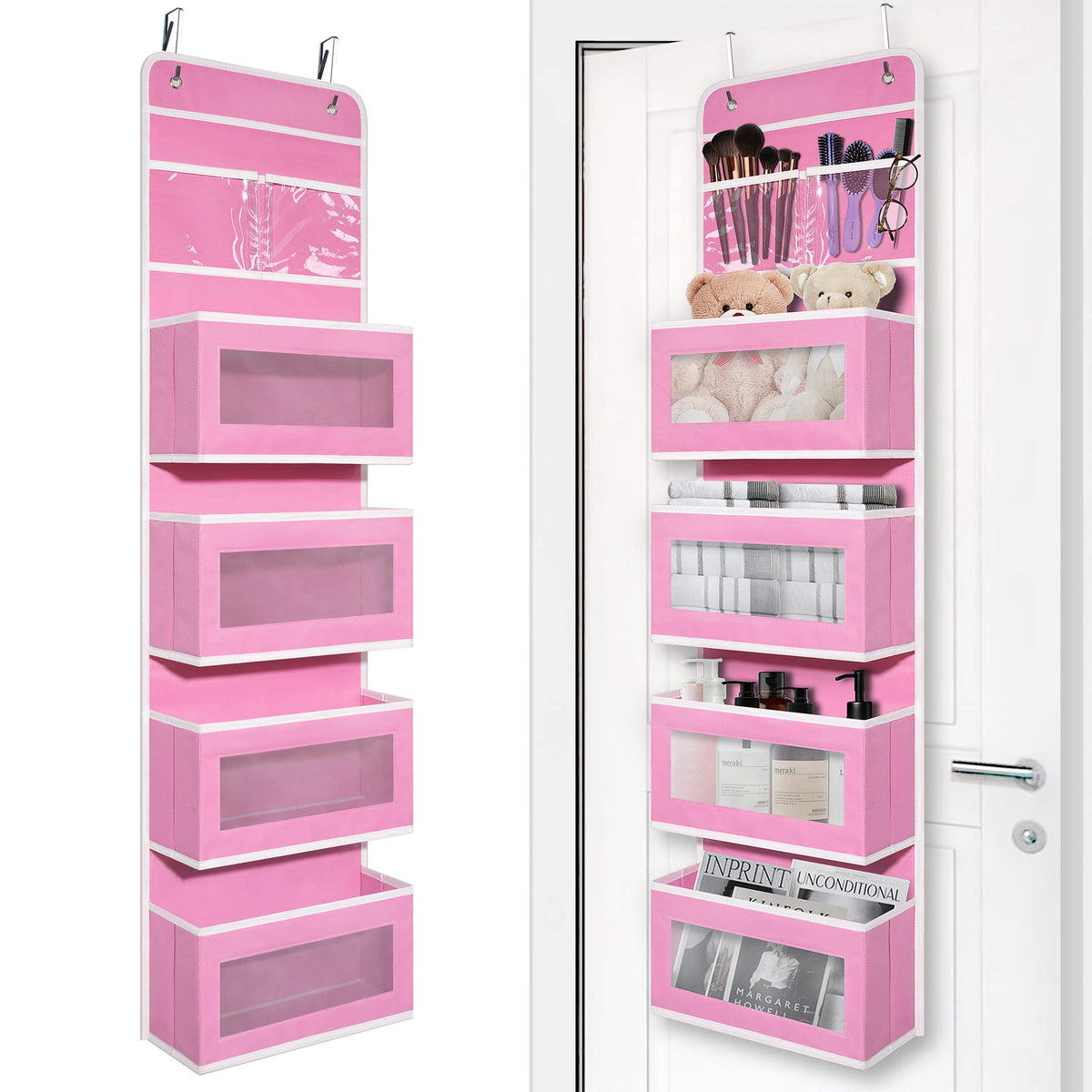 Giraffe Creation Black Over Door Organizer with 4 Large Clear Pockets, Hanging Door Storage for Closet, Bathroom, Bedroom, Dorm, Nursery, Toys, Toiletries, Cosmetics