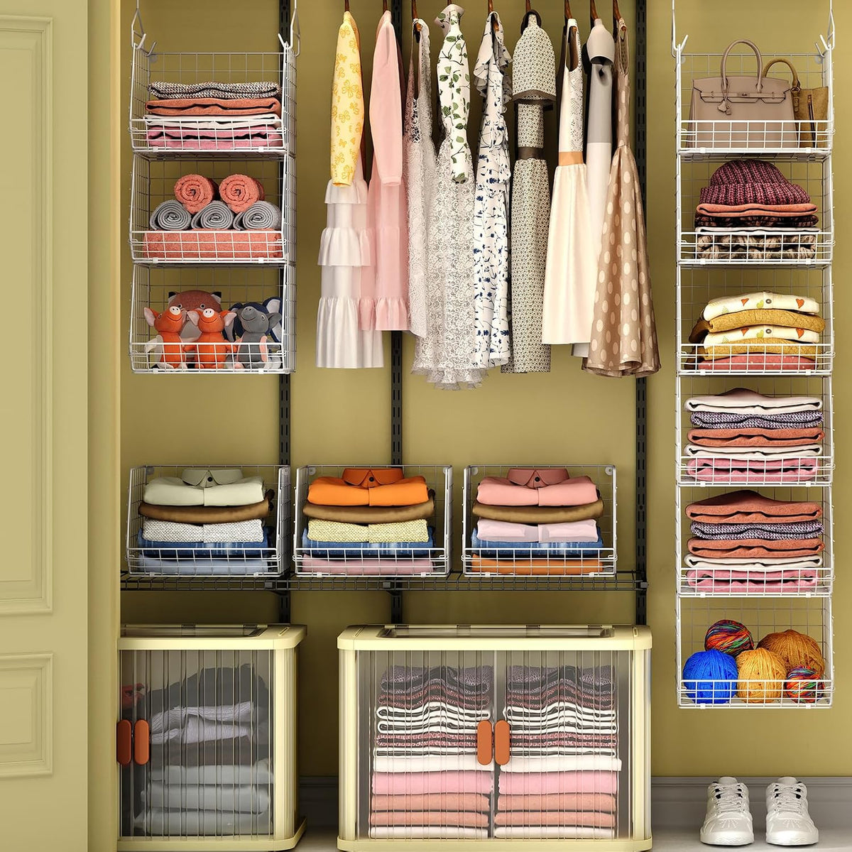 X-cosrack 6 Tier Closet Hanging Organizer, Clothes Hanging Shelves with 4 Hanging Hooks 5 S Hooks, Wire Storage Basket Bins, for Clothing Sweaters Shoes Handbags Clutches Accessories Patent