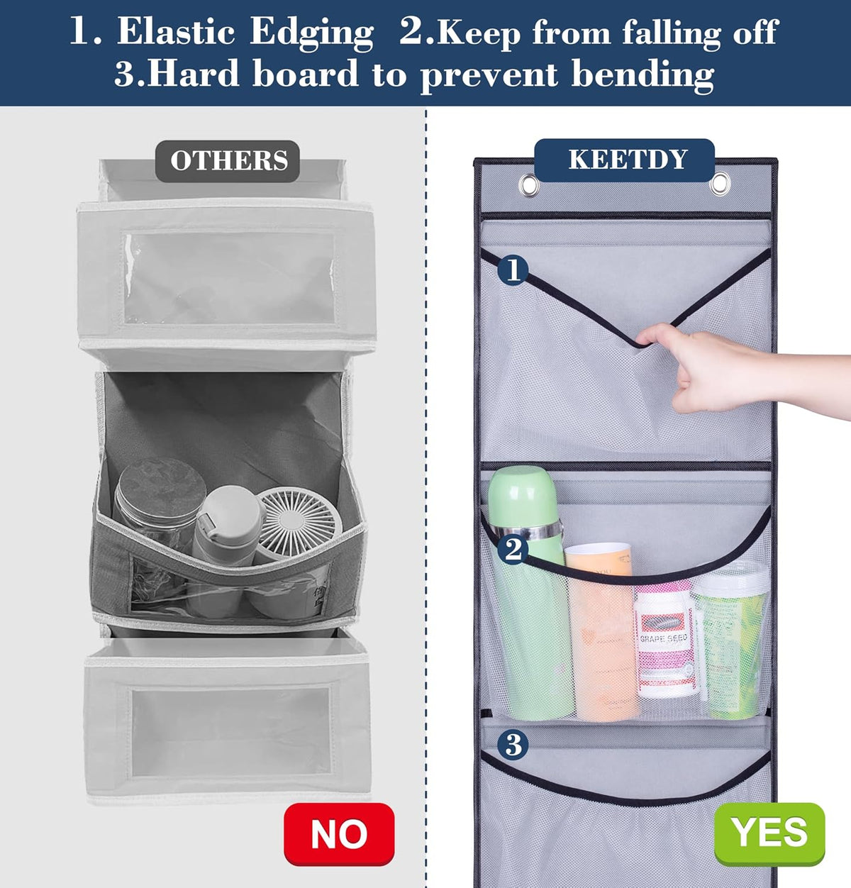 KEETDY Hanging Shelves Over the Door Organizer Storage for Closet with 5 Pockets Organizer for Bedroom Bathroom, 2 Pack（Grey）