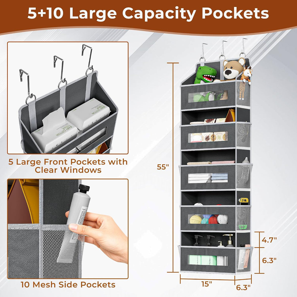 2 Pack 5 Tier Over the Door Organizer for Bathroom, Bedroom, Pantry, Grey