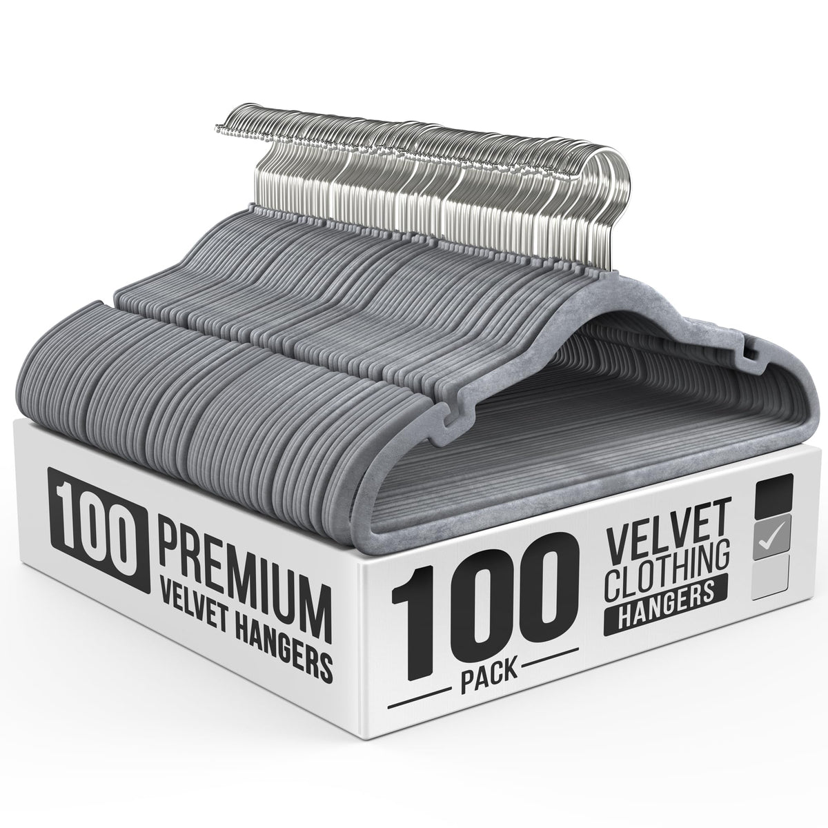 Our Modern Space 100 Pack Velvet Hanger for Shirt Pants Dresses Skirts Suits Jackets - Slim Space Saving Design - Standard Coat Hanger - Sturdy & Durable Design with Shoulder Grooves Hook