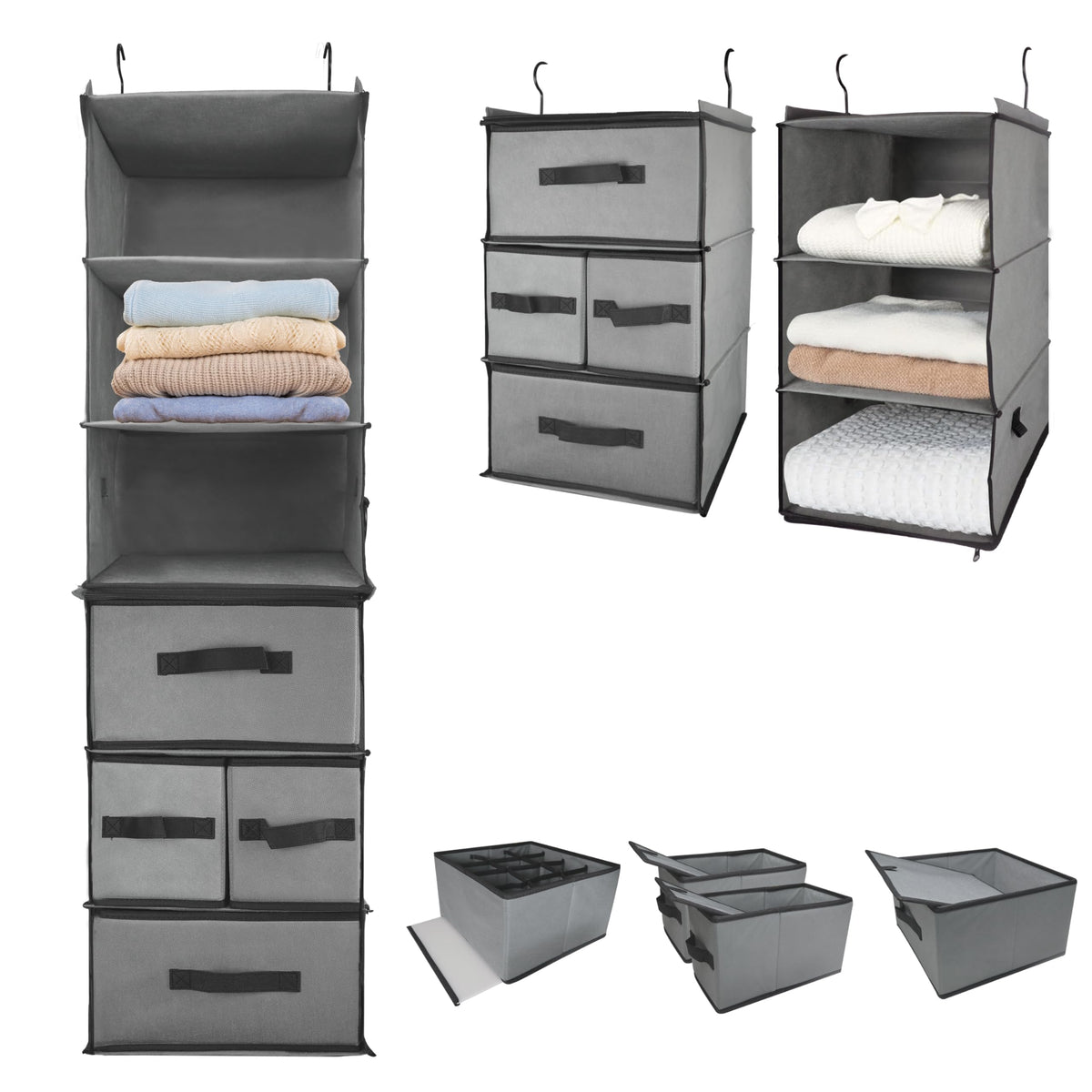 Durable 6-Tier hanging closet organizer with 5 Drawers & 3 Side Pocket,Thickened Fabric Hanging Shelves Holder with Sturdy Hook,Space-saving Storage Organization for Bedroom,Dorm,Guestroom,RV,Bathroom