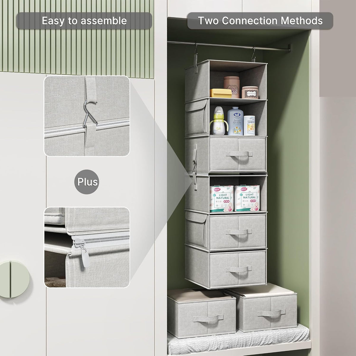 6-Shelf Hanging Closet Organizer with 3 Drawers, Separable, Silver Gray