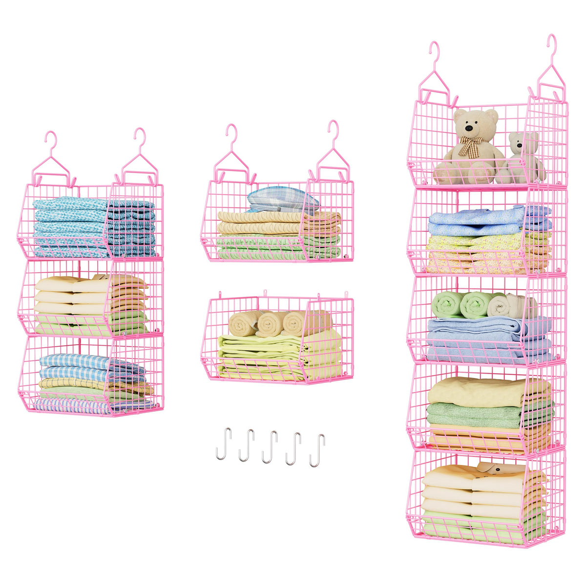 X-cosrack 5 Tier Closet Hanging Organizer, Clothes Hanging Shelves with 4 Hanging Hooks 5 S Hooks, Wire Storage Basket Bins, for Clothing Sweaters Shoes Handbags Clutches Accessories Patent Design