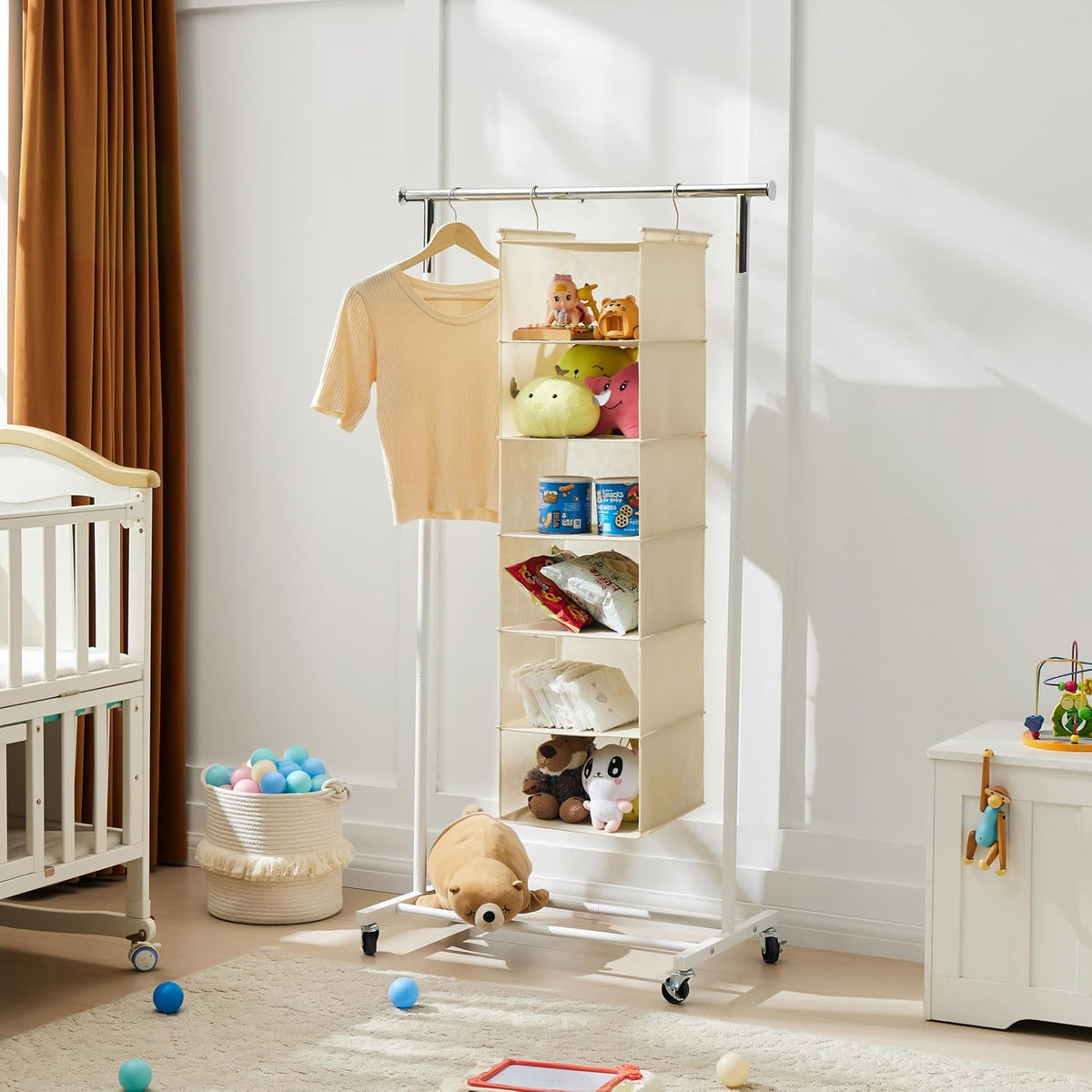 MAX Houser 6 Tier Shelf Hanging Closet Organizer with 2 Hooks, Beige