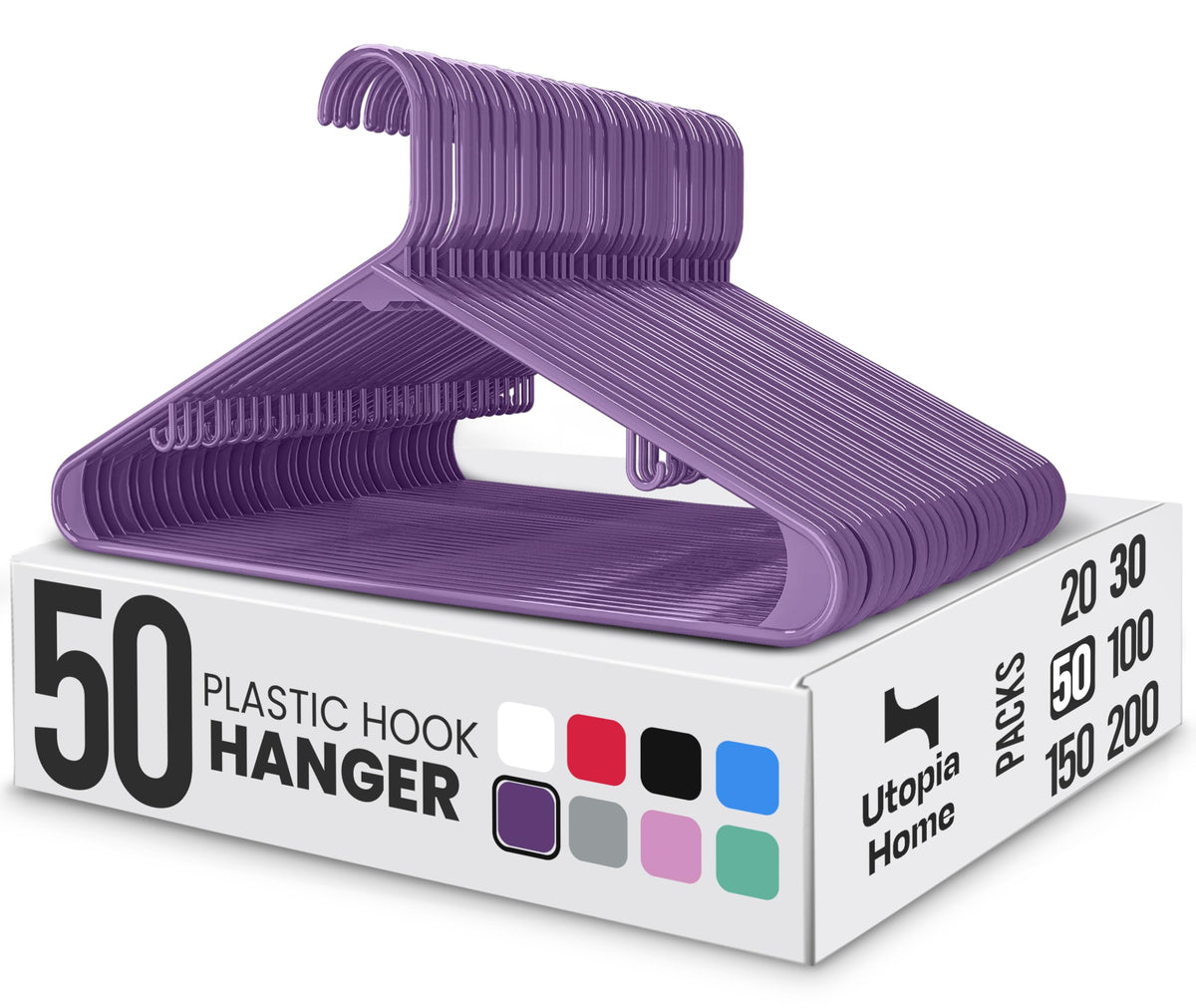 Utopia Home Plastic Hangers 50 Pack – Built-in Strap Hooks Black