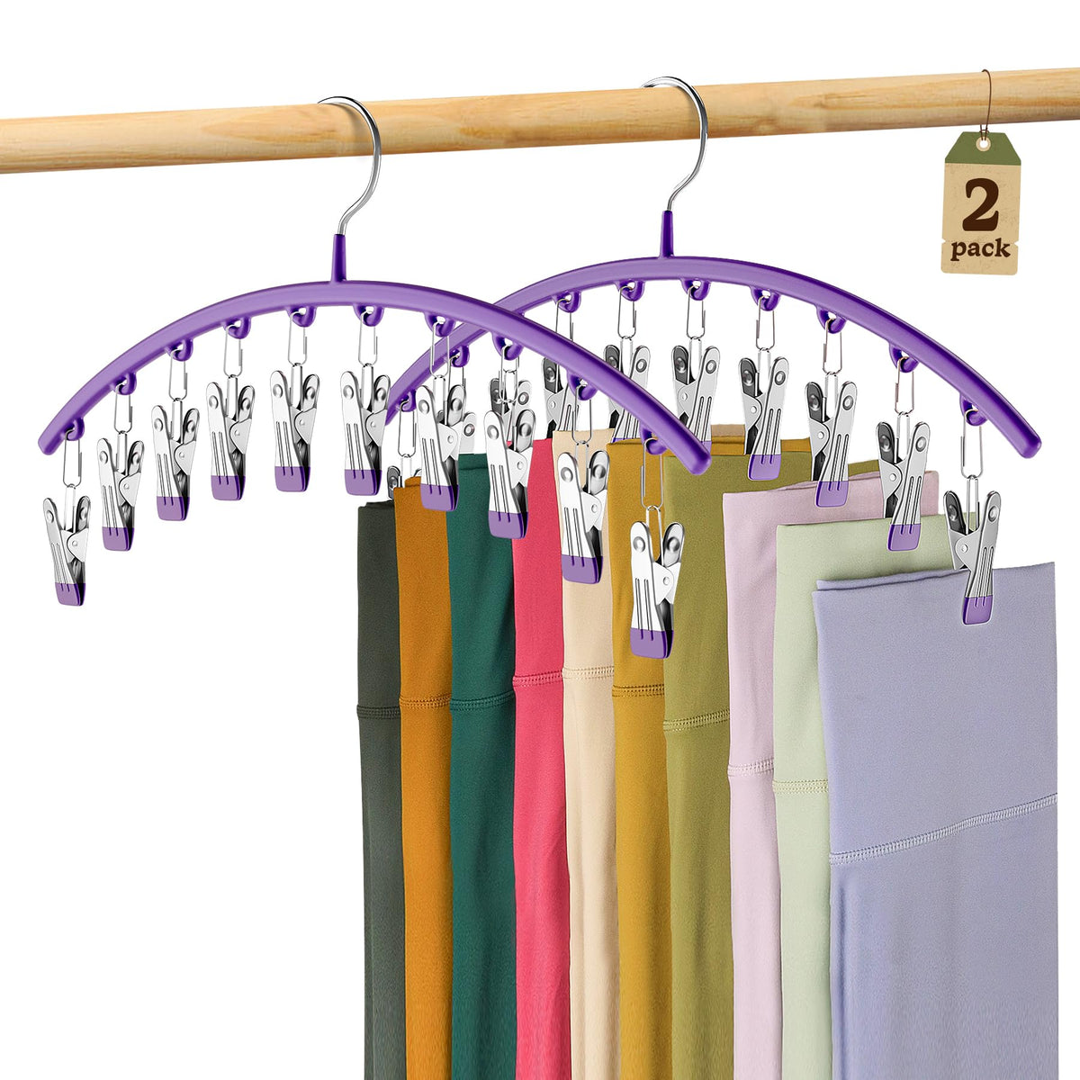 Volnamal Legging Organizer for Closet,2 Pack Metal Yoga Pants Hangers w/10 Clips Hold 20 Leggings,Space Saving Hanging Closet Organizer Clothes Hanger College Dorm Essentials Apartment Essential,Black