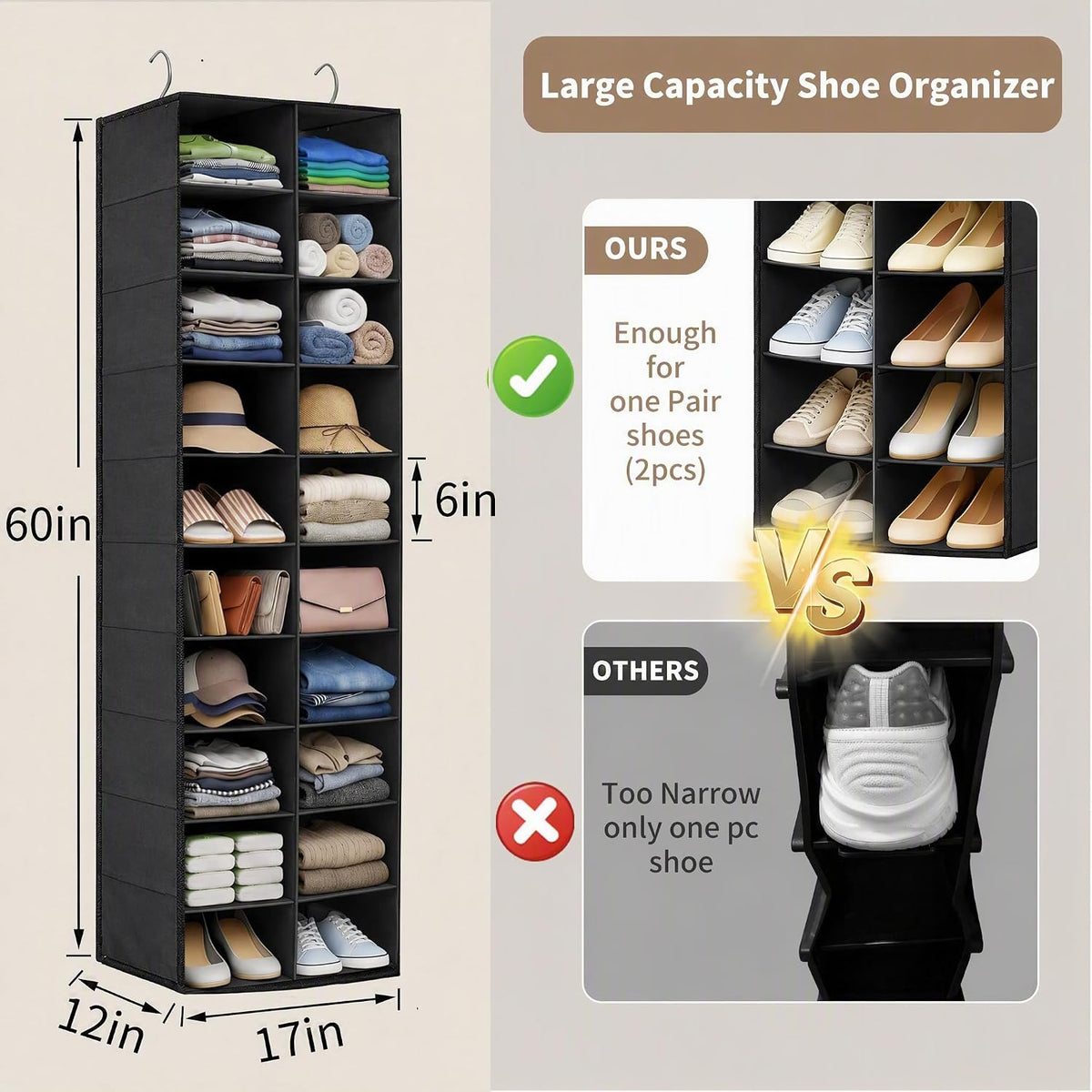 Hanging Shoe Organizer for Closet - 20 Wider Sections Closet Shoe Storage Rack, Sturdy Shoe Holder for Shoes Clothes Shirts, Reinforced Support Panels & Stainless Steel Frame