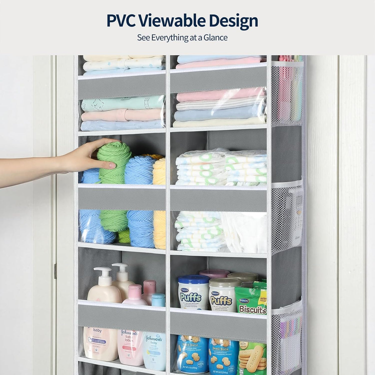 Yecaye Over The Door Organizer, 5 Tier Extra Large Behind Door Storage of 10 Compartments, 80lbs Heavy Duty Door Organizer Hanging with Clear Window for Closet Bedroom Pantry Bathroom, Grey