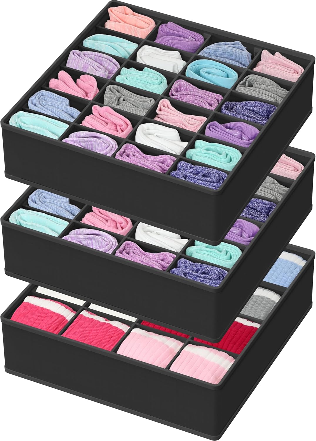 Simple Houseware Sock Drawer Organizer, 3 Pack, Black