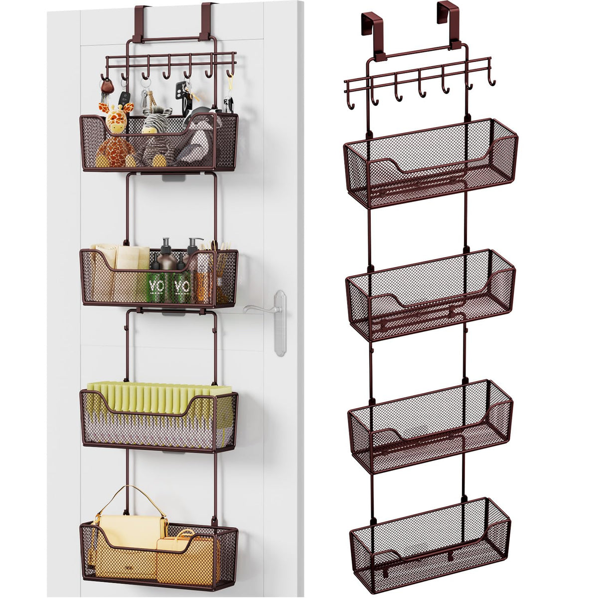 HapiRm Over The Door Organizer - Hanging Door Organizer with 4 Metal Large Capacity Baskets and Adjustable Coat Hook for Bathroom Bedroom Kitchen Pantry Closet Cabinet