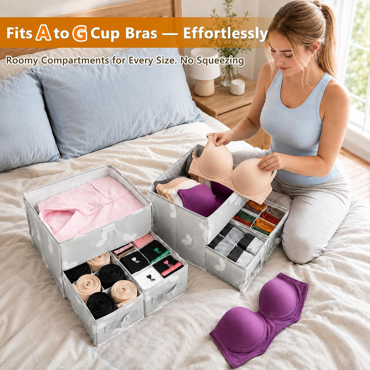 EASEVE Sock Underwear Drawer Divider - Closet Organizers and Dresser Organizer Wardrobe Clothes Box Storage Bins with Lid for Bra, Leggings, Shirt, Panty (1 Pack, Grey)