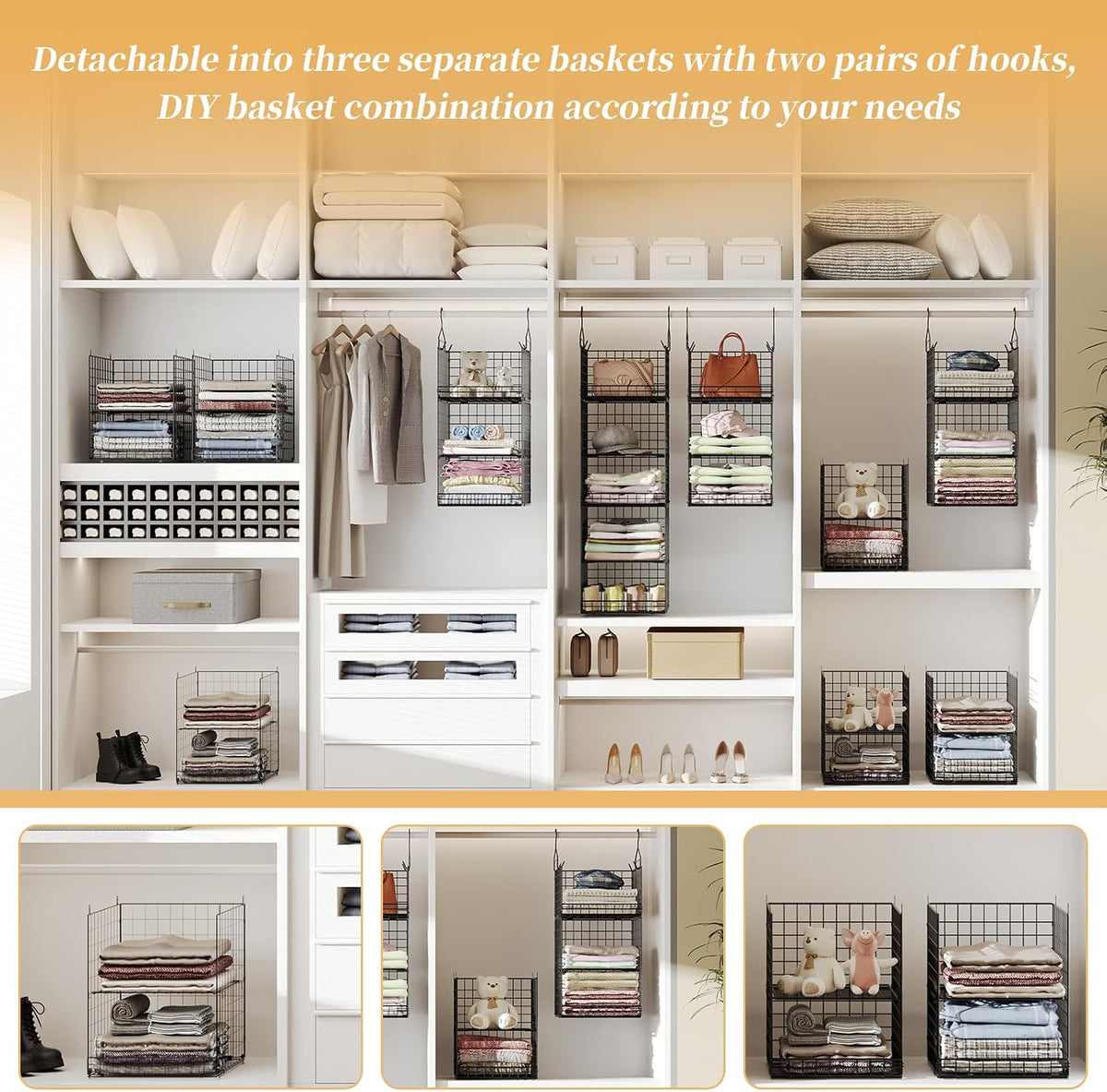 Yuyetuyo 5 Tier Closet Hanging Organizer and Storage Separable Hanging Closet Shelves with 4 Hooks 2 Adjustable Dividers, Wire Storage Basket Bins for Clothing Sweaters Socks Dolls Handbags, Foldable