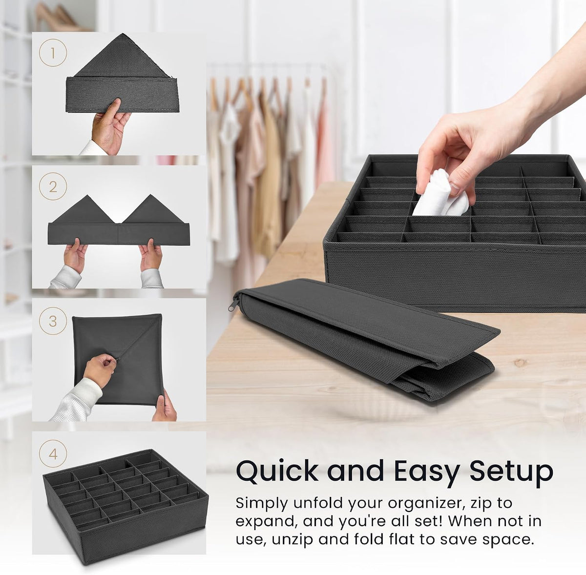 Reli. Sock Organizer (4 Pack) | 16+24 Cell Underwear Organizer | Gray