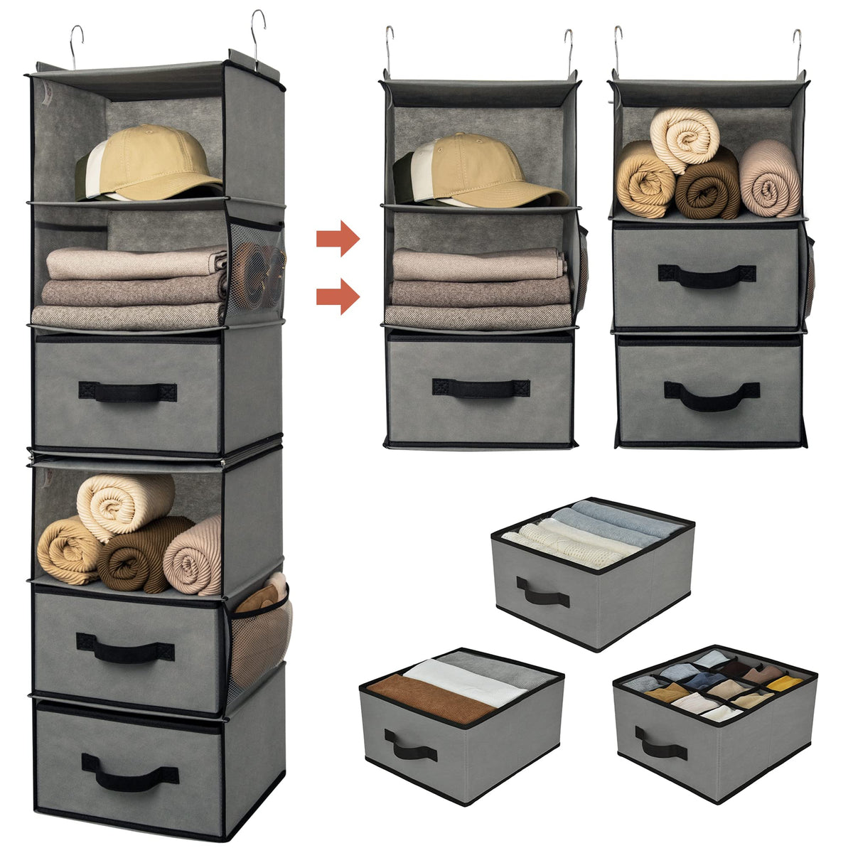 GRANNY SAYS Hanging Closet Organizer, 5 Drawers, 6 Shelves, 6 Pockets, Gray