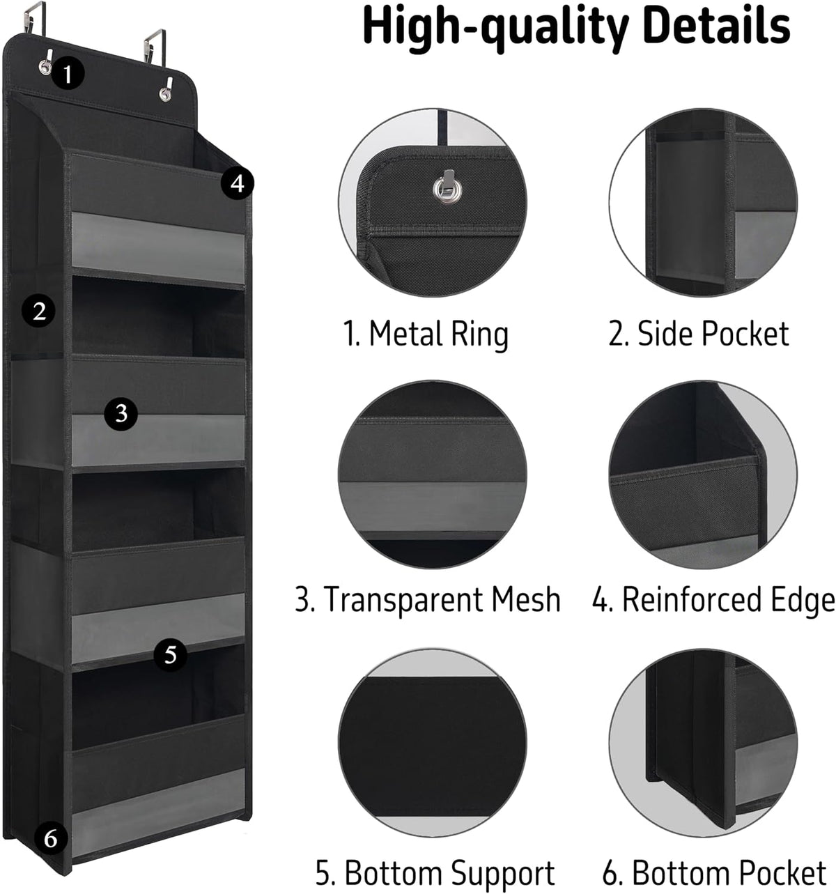 TYMENSH Black Over Door Organizer with 4 Large Clear Pockets, Compact Black Hanging Door Storage for Closet, Bathroom, Bedroom, Dorm, Nursery, Toys, Cosmetics, Baby Essentials