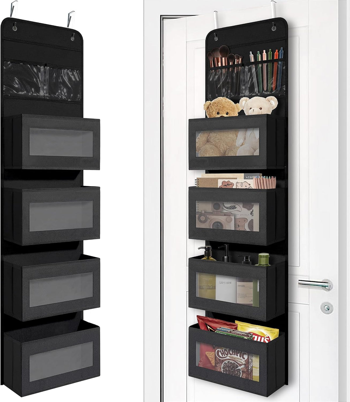 Giraffe Creation Black Over Door Organizer with 4 Large Clear Pockets, Hanging Door Storage for Closet, Bathroom, Bedroom, Dorm, Nursery, Toys, Toiletries, Cosmetics
