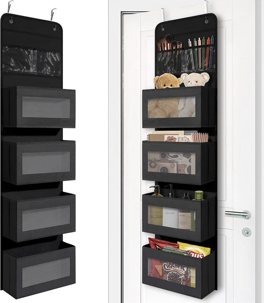 Giraffe Creation Black Over Door Organizer with 4 Large Clear Pockets, Hanging Door Storage for Closet, Bathroom, Bedroom, Dorm, Nursery, Toys, Toiletries, Cosmetics