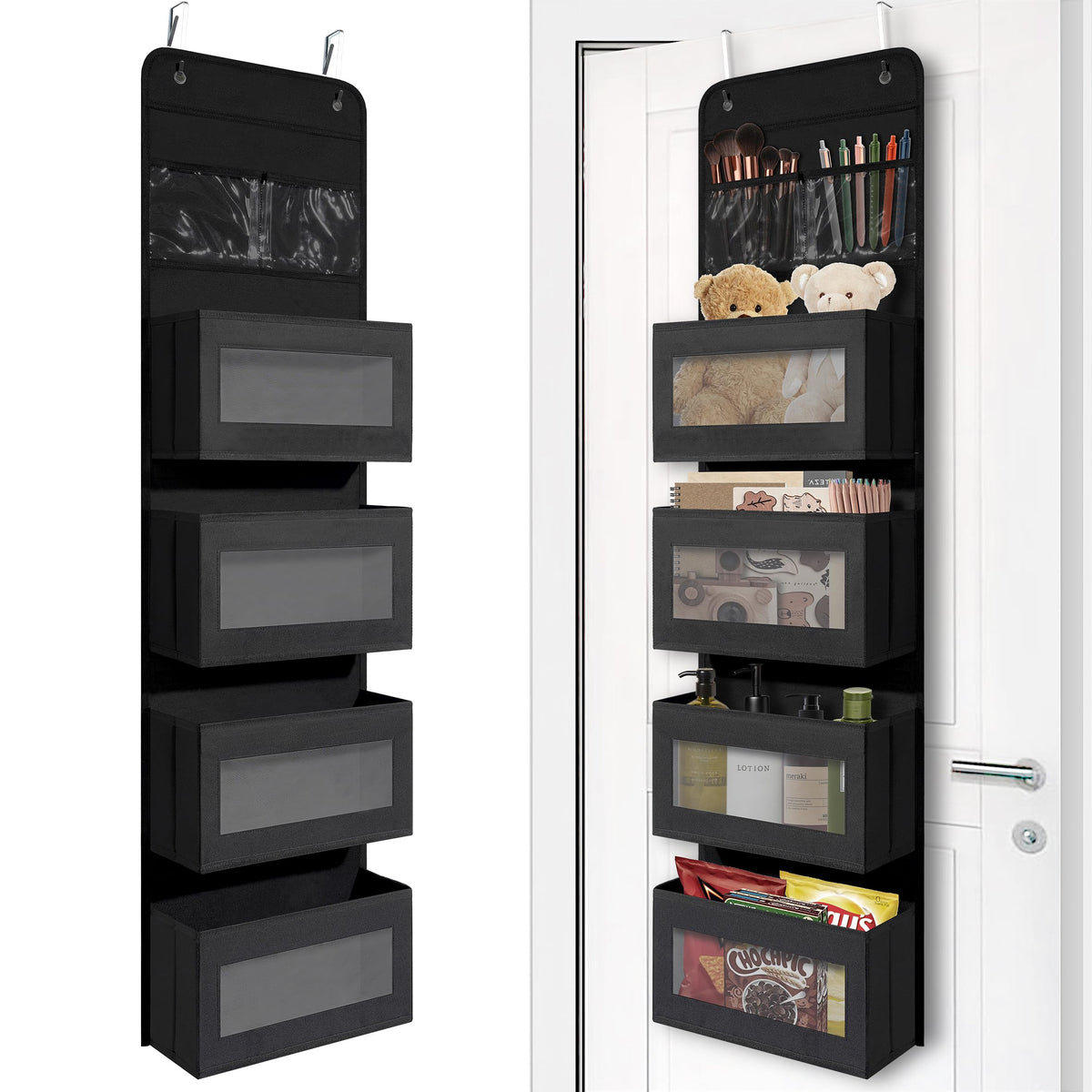 Giraffe Creation Black Over Door Organizer with 4 Large Clear Pockets, Hanging Door Storage for Closet, Bathroom, Bedroom, Dorm, Nursery, Toys, Toiletries, Cosmetics