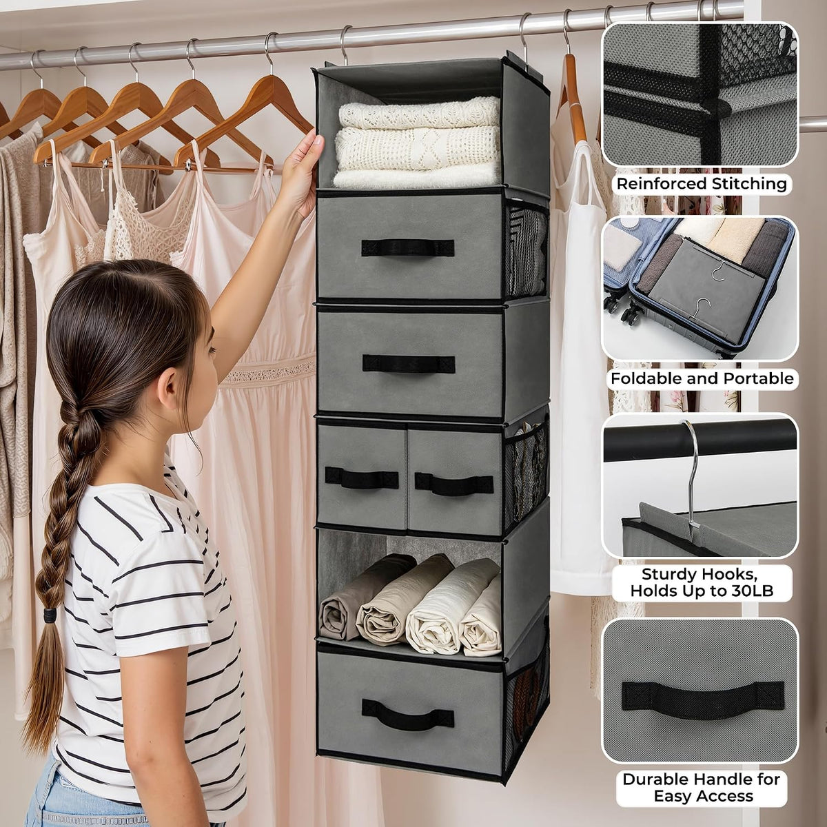 GRANNY SAYS Hanging Closet Organizer, 5 Drawers, 6 Shelves, 6 Pockets, Gray