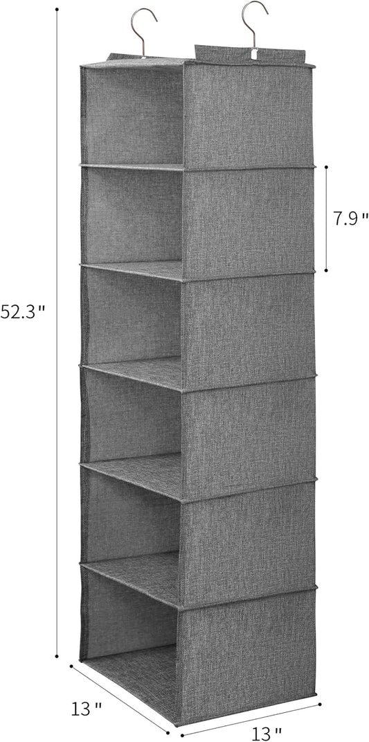 Large Hanging Sweater Organizer for Closet,Collapsible 6-Shelf Hanging Closet Shelves with Drawers, Washable (Grey-6 Shelf)