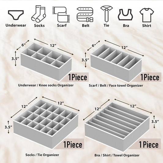 Simple Houseware 4-Pack Drawer Organizer Set for Underwear/Socks/Bra, Gray