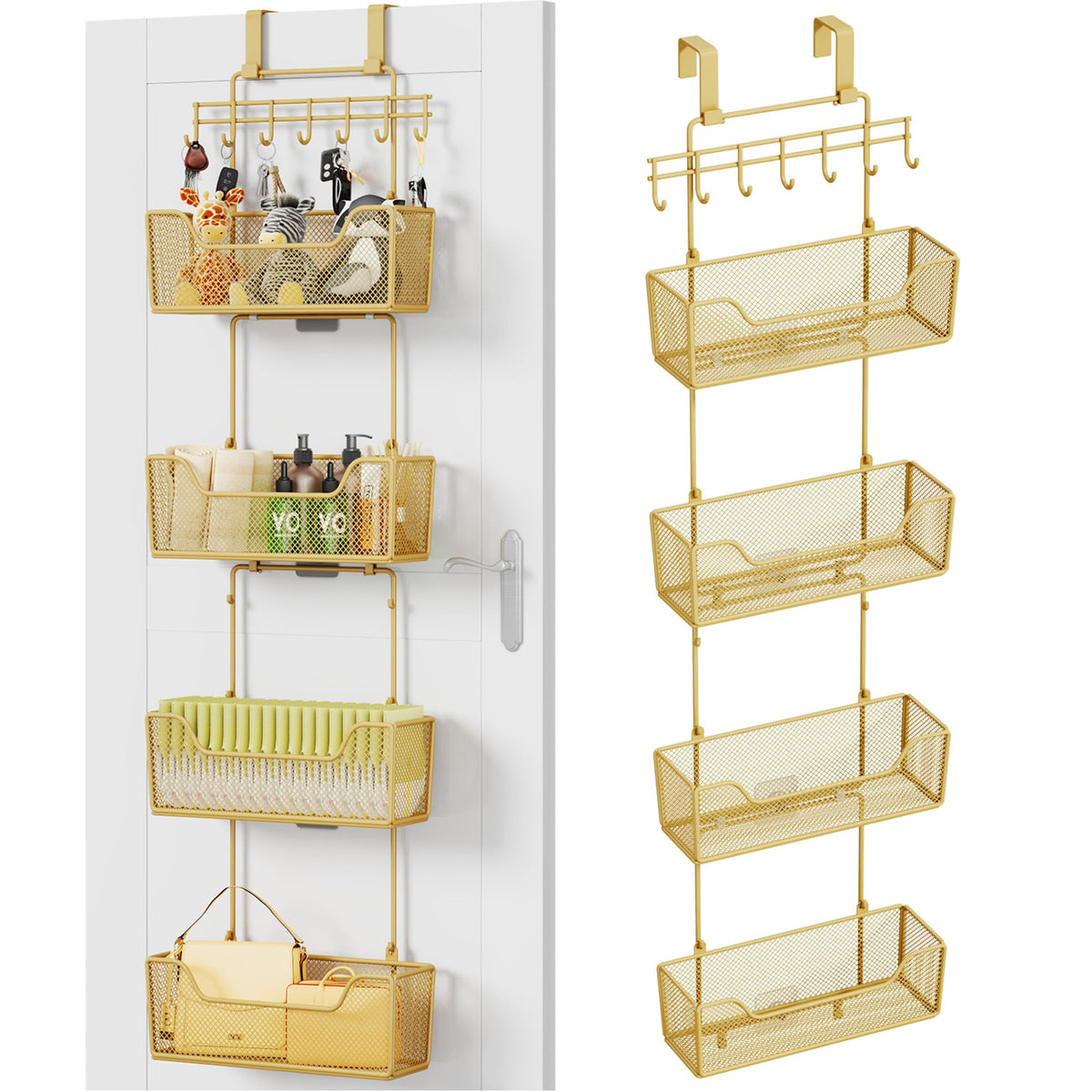 HapiRm Over The Door Organizer - Hanging Door Organizer with 4 Metal Large Capacity Baskets and Adjustable Coat Hook for Bathroom Bedroom Kitchen Pantry Closet Cabinet