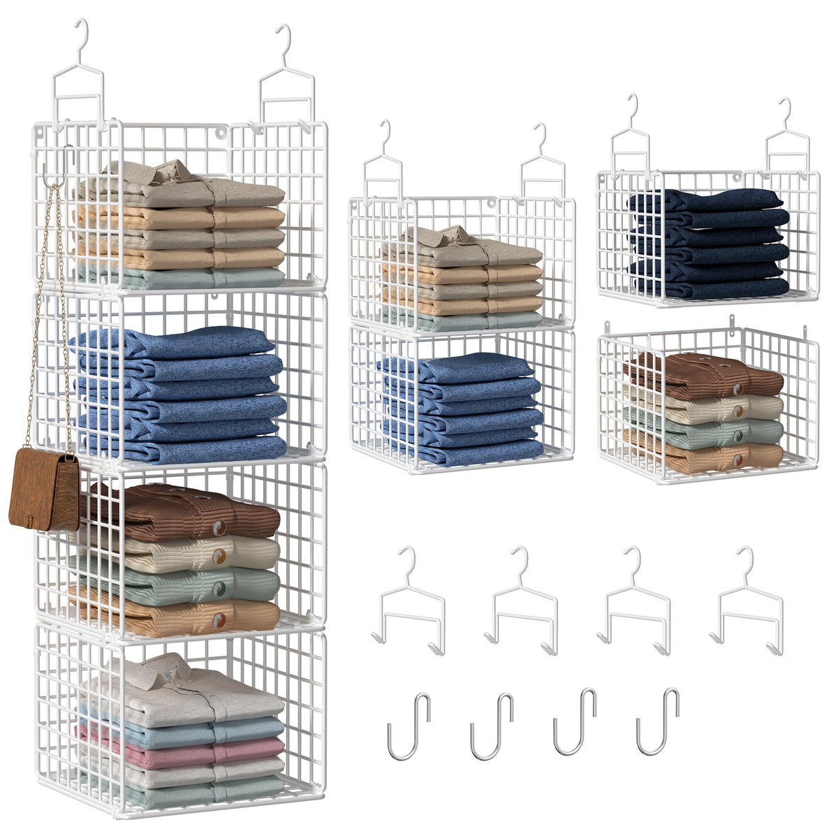 Hanging Closet Organizer, 4 Tier Metal Closet Organizers and Storage with 4 Hanging Hooks 4 S-Hooks for Wardrobe Laundry Room, Wire Storage Shelf for Clothes Sweaters Pants (White)