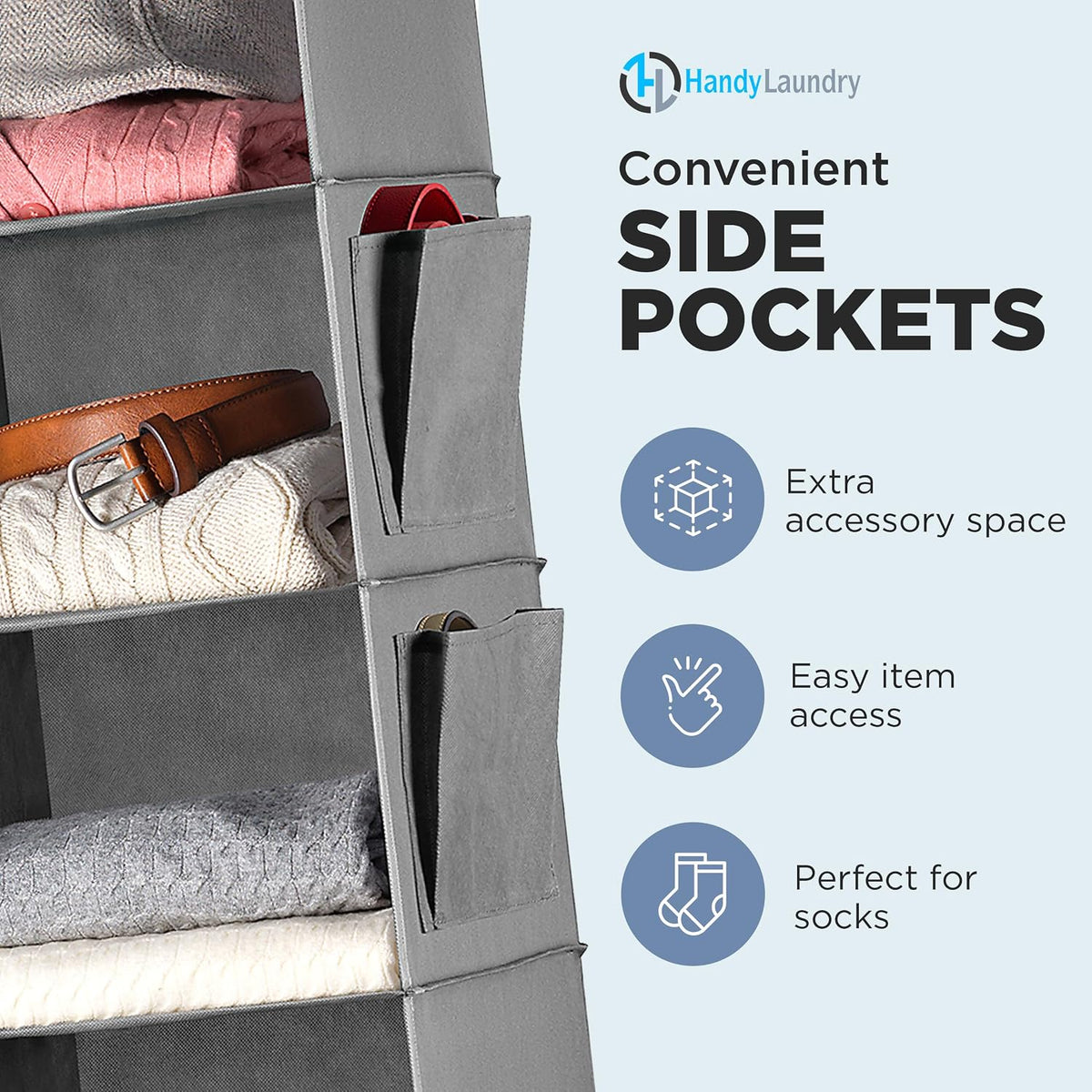 Handy Laundry Hanging Closet Organizer - 6 Shelf Storage for Clothes, Sweaters, Shoes & Accessories - Space-Saving Wardrobe Shelves with Hooks for Dorm, RV & Small Closet Organization (Grey)