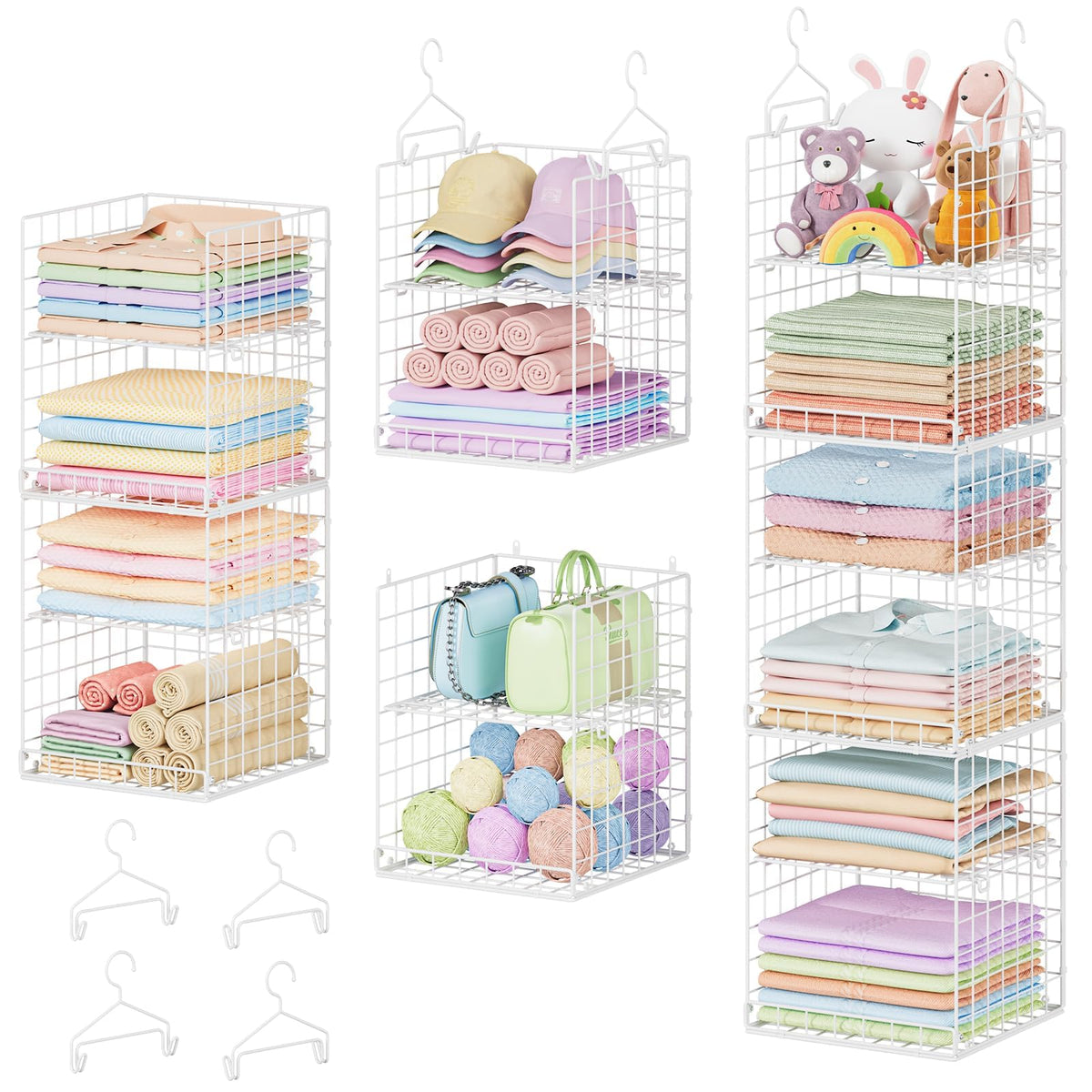 Yuyetuyo 5 Tier Closet Hanging Organizer and Storage Separable Hanging Closet Shelves with 4 Hooks 2 Adjustable Dividers, Wire Storage Basket Bins for Clothing Sweaters Socks Dolls Handbags, Foldable